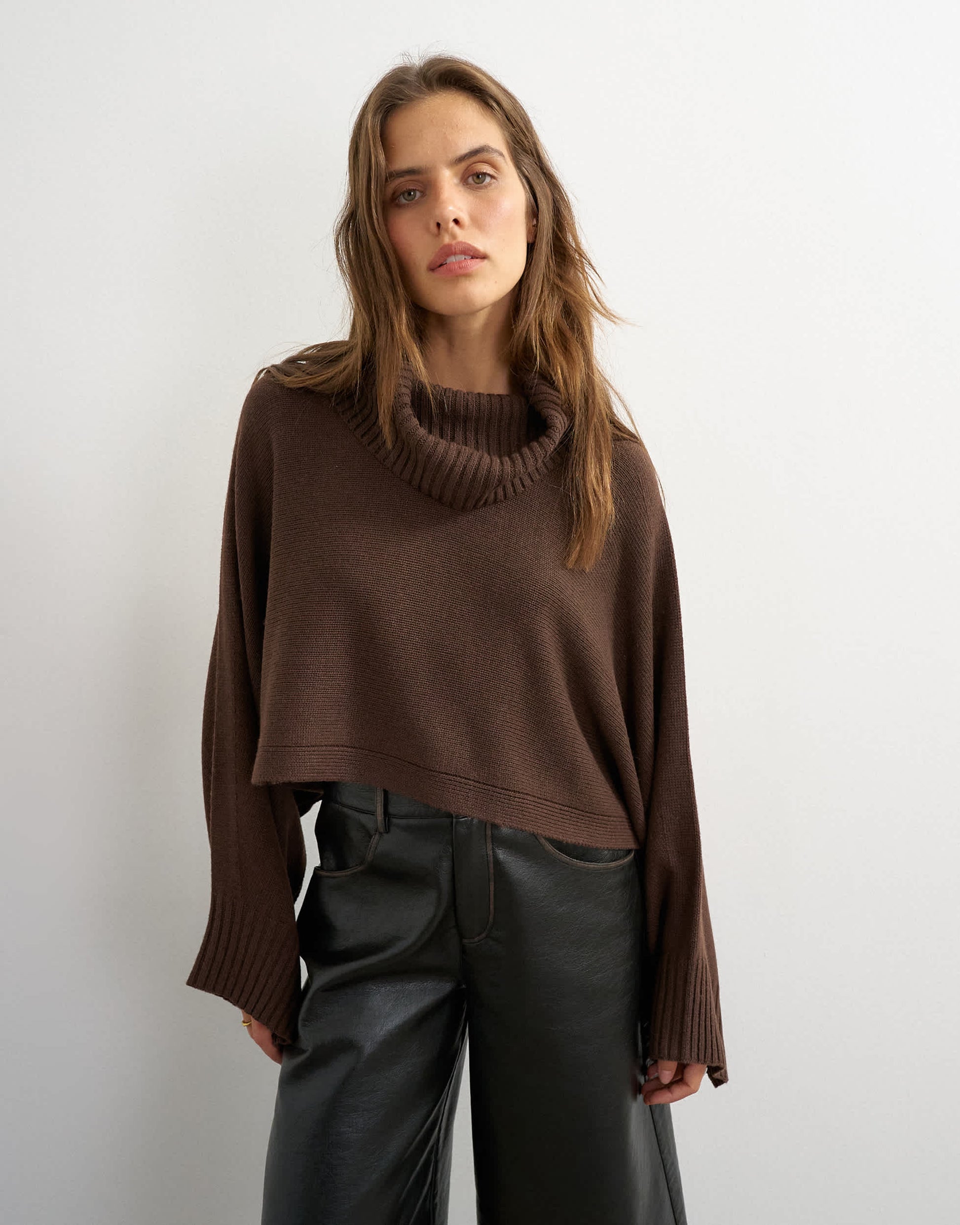 Topshop knitted wool short cape jumper in chocolate