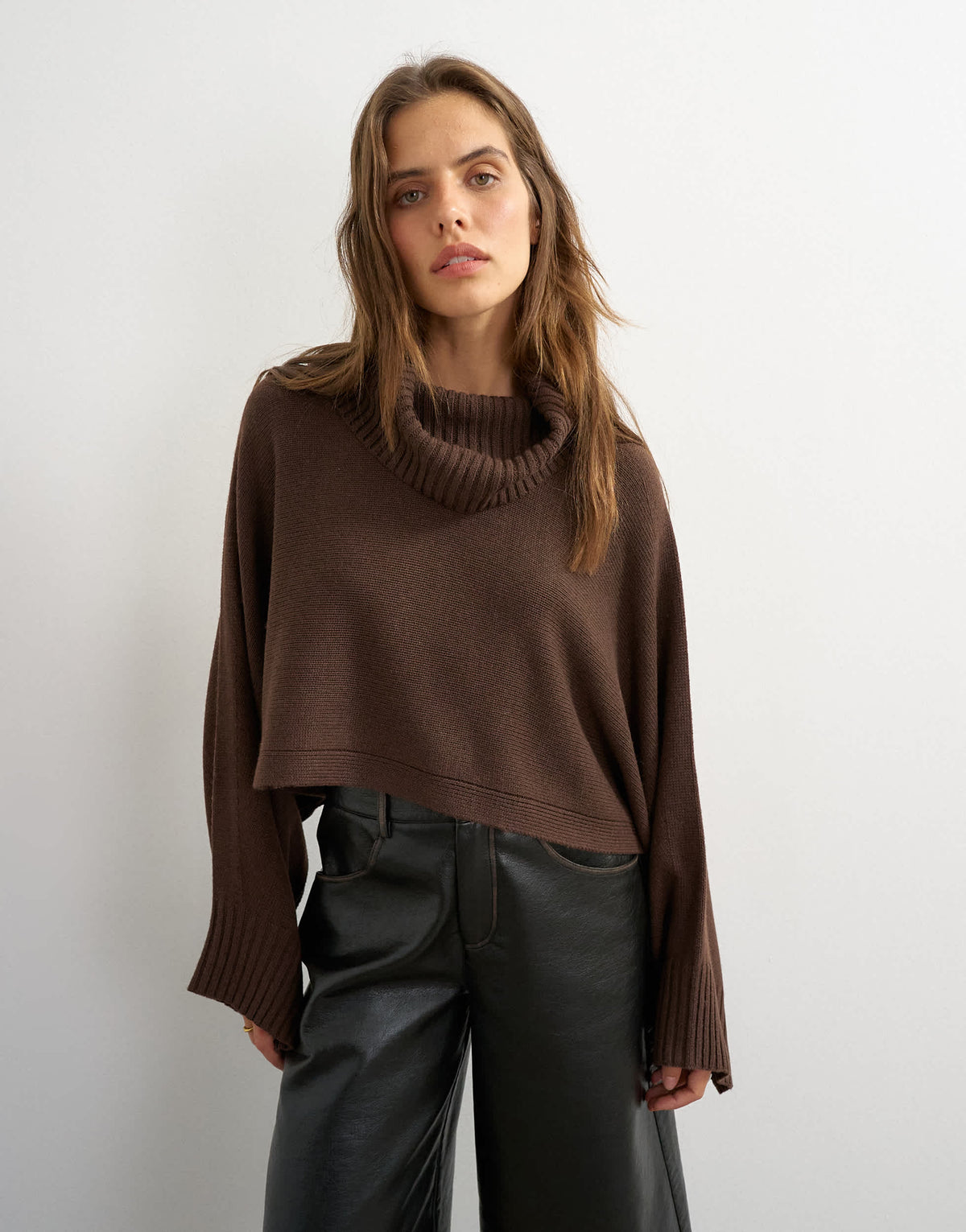 Topshop knitted wool short cape jumper in chocolate