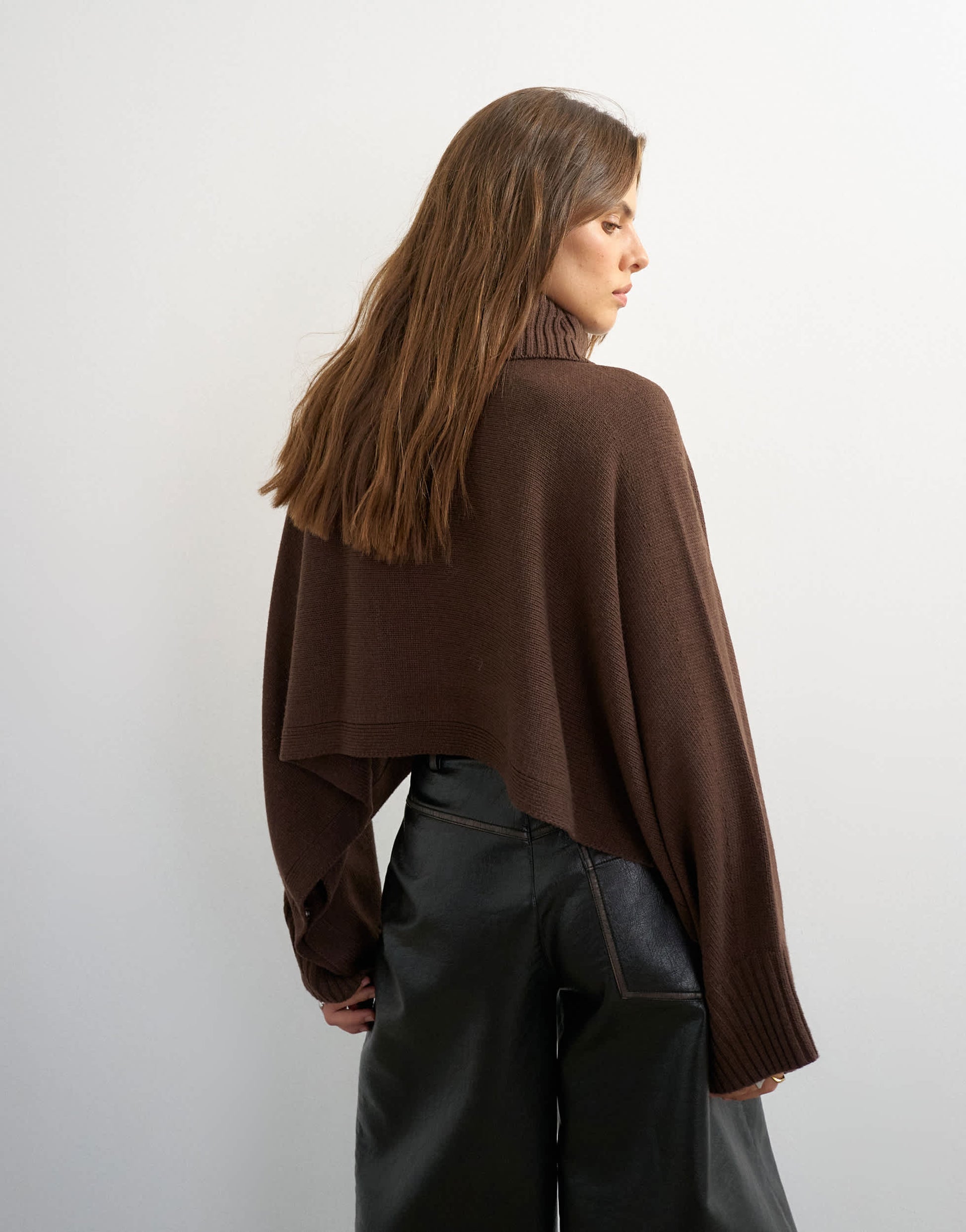 Topshop knitted wool short cape jumper in chocolate