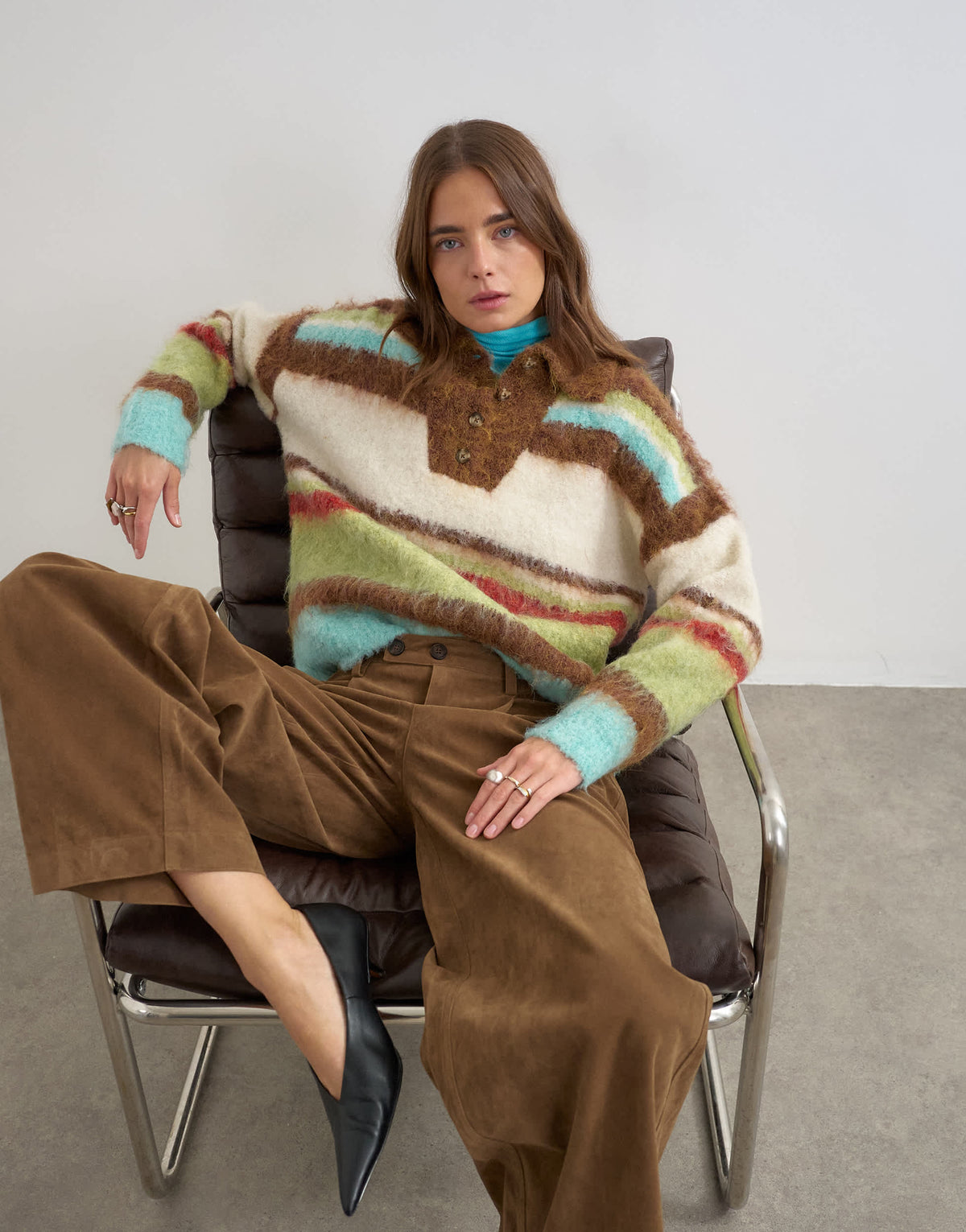 Topshop knitted hairy stripe polo collared jumper in brown multi