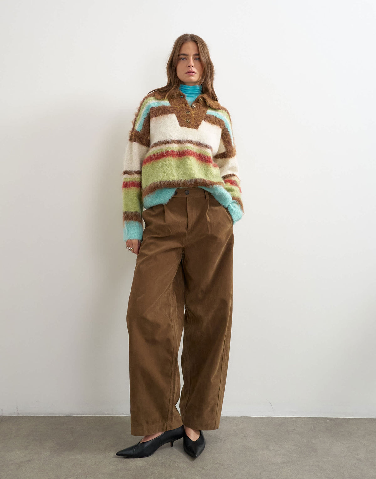 Topshop knitted hairy stripe polo collared jumper in brown multi