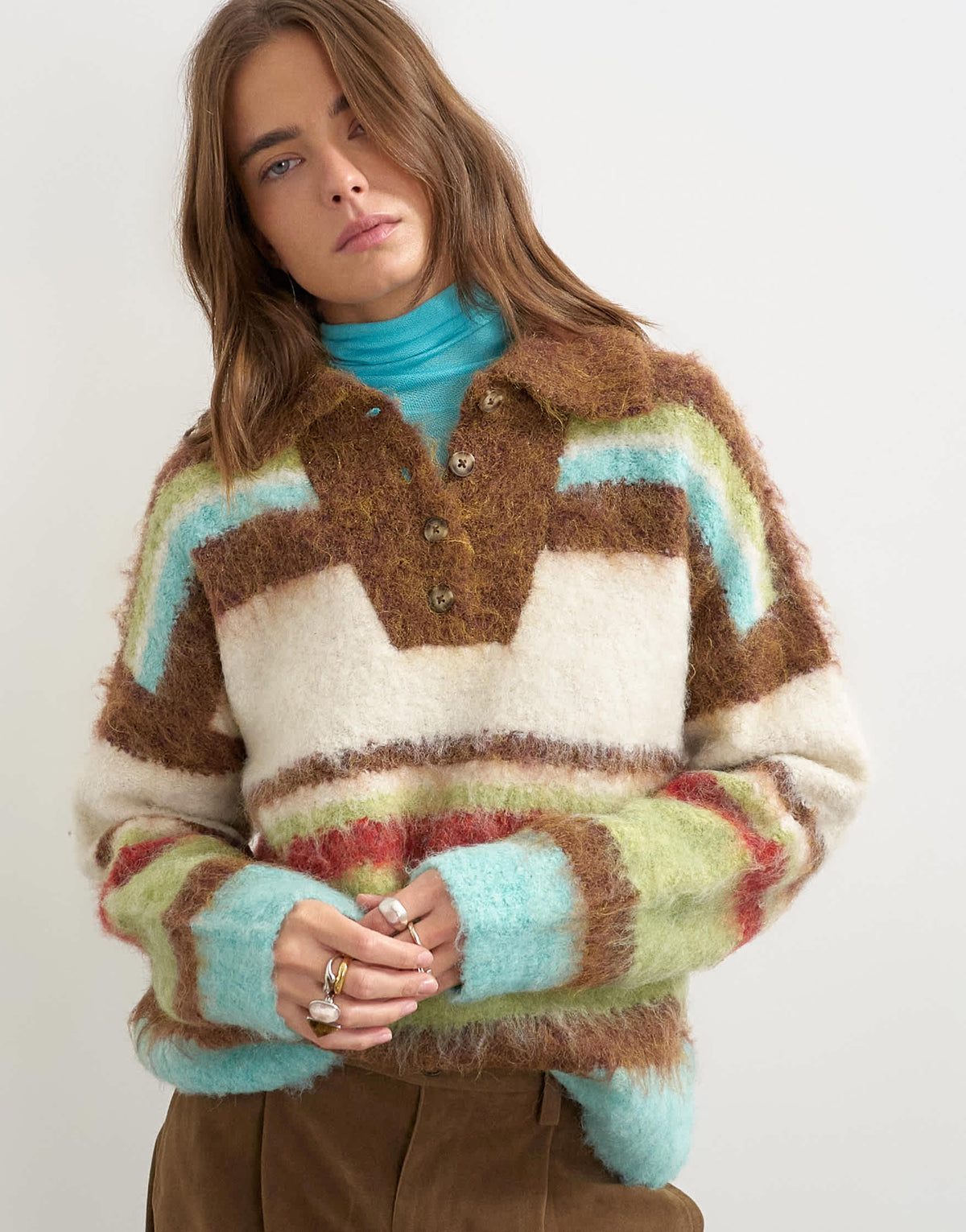 Topshop knitted hairy stripe polo collared jumper in brown multi