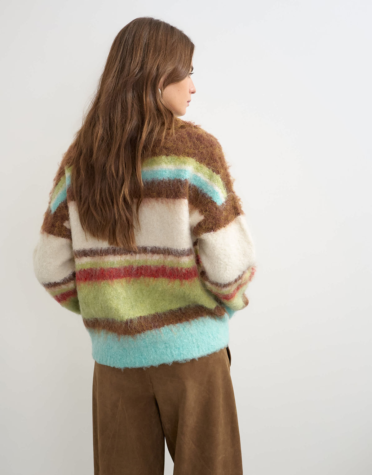 Topshop knitted hairy stripe polo collared jumper in brown multi