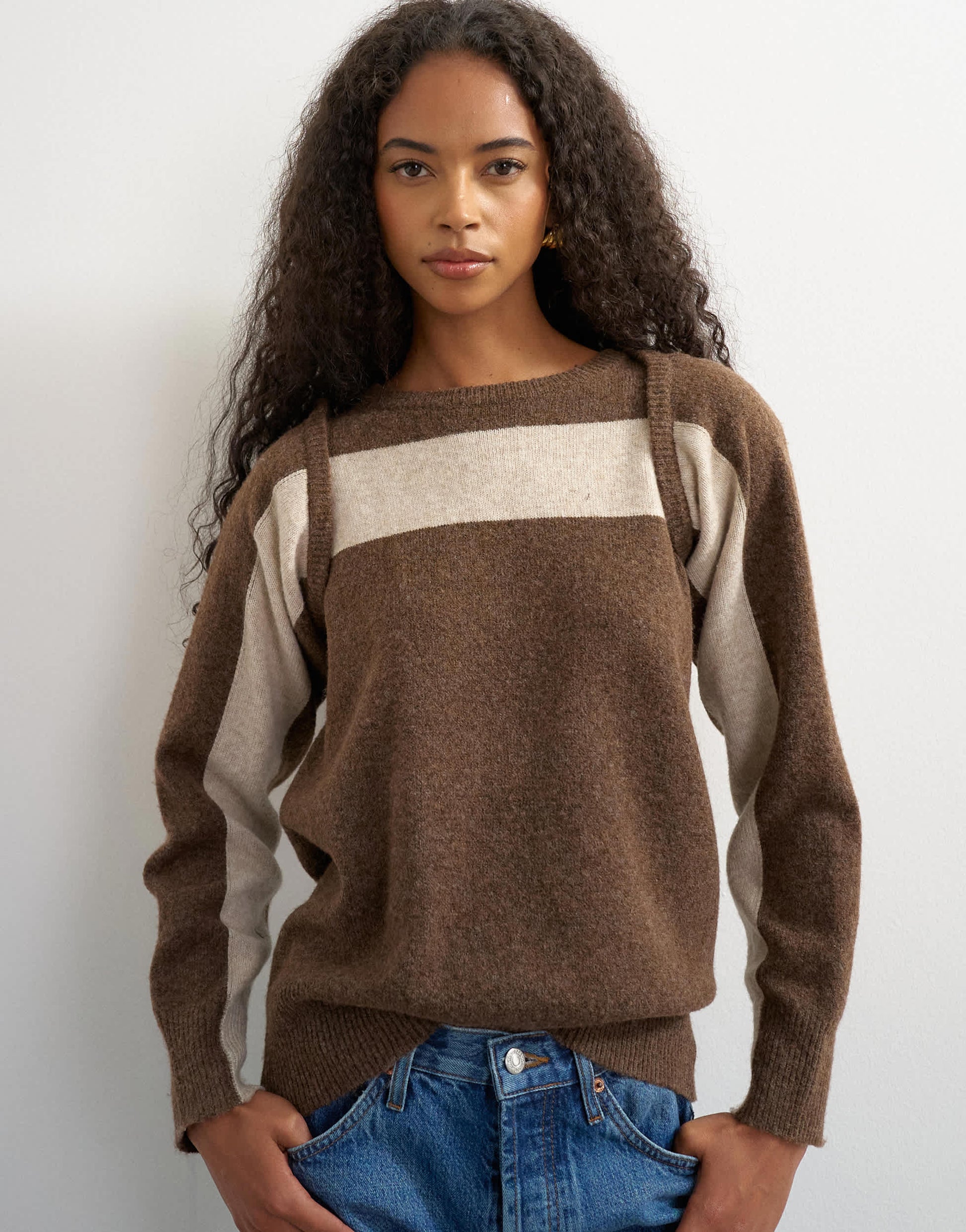 Topshop knitted detachable wrap scarf stripe jumper in brown