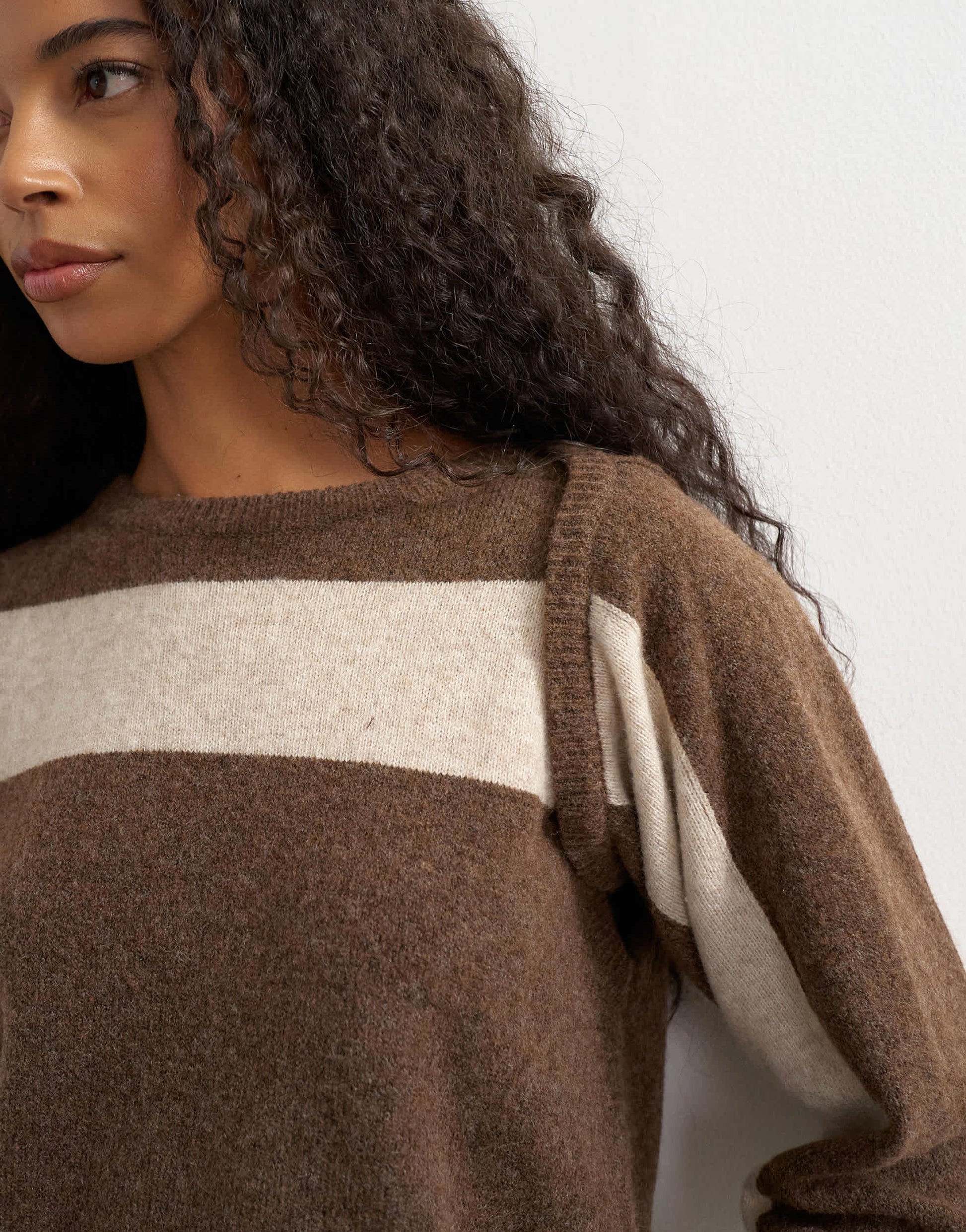 Topshop knitted multi wear stripe jumper in brown