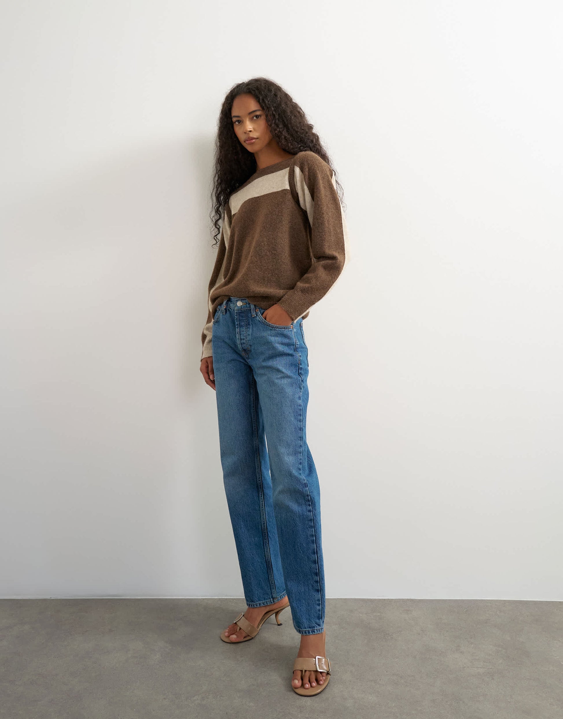 Topshop knitted multi wear stripe jumper in brown