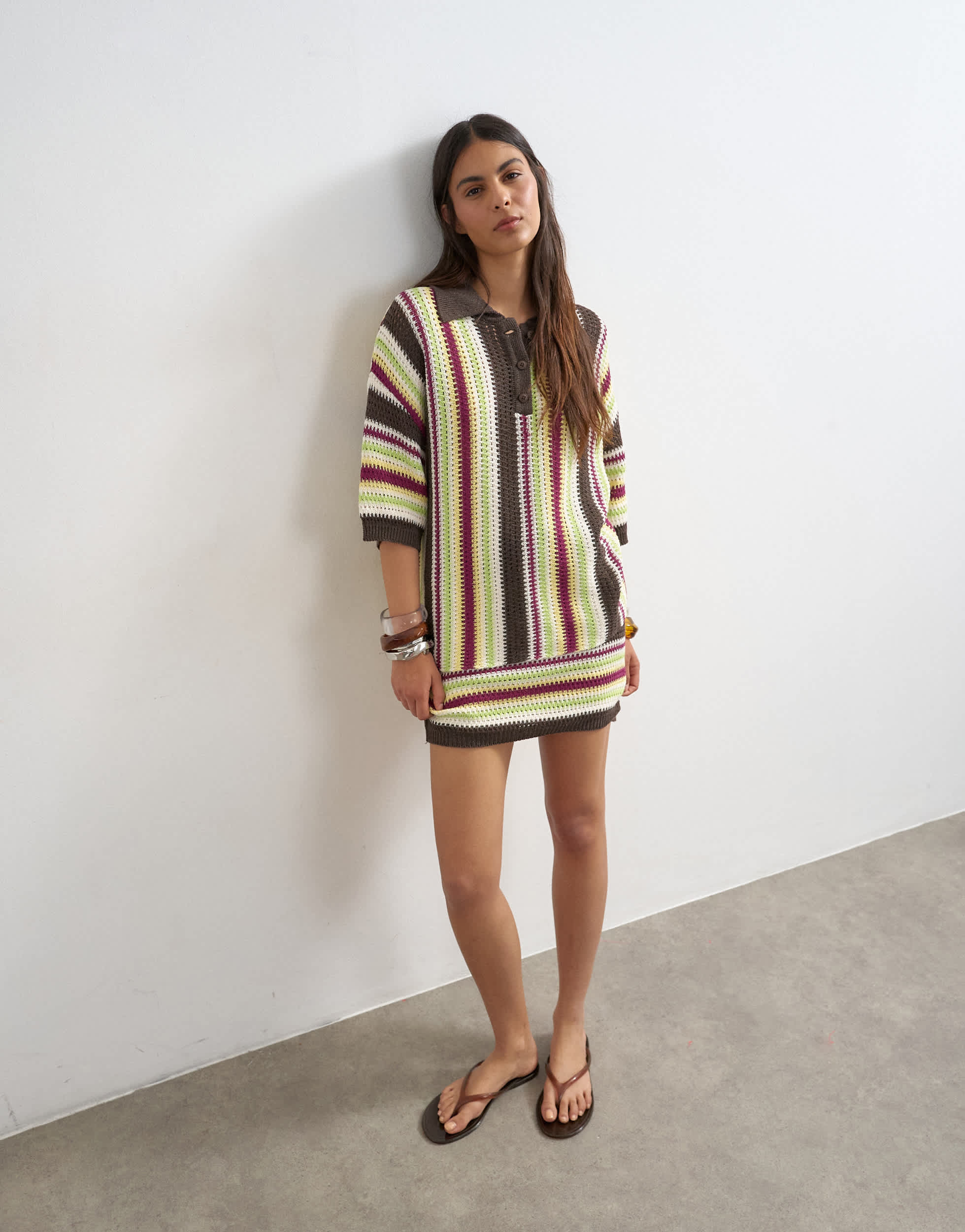 Topshop knitted vertical stripe co-ord polo top in multi