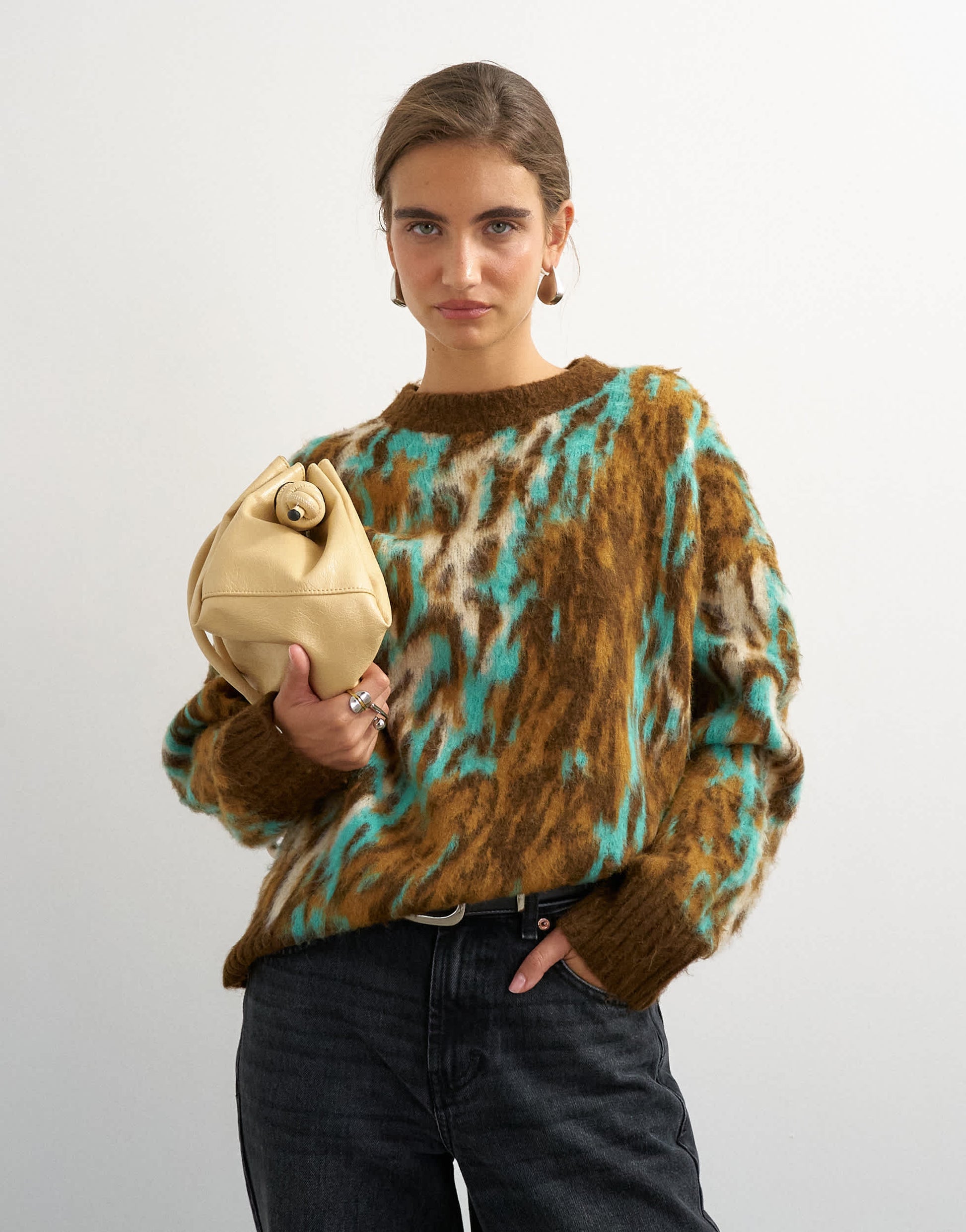 Topshop knitted fluffy relaxed fit brushed animal crew neck jumper in brown