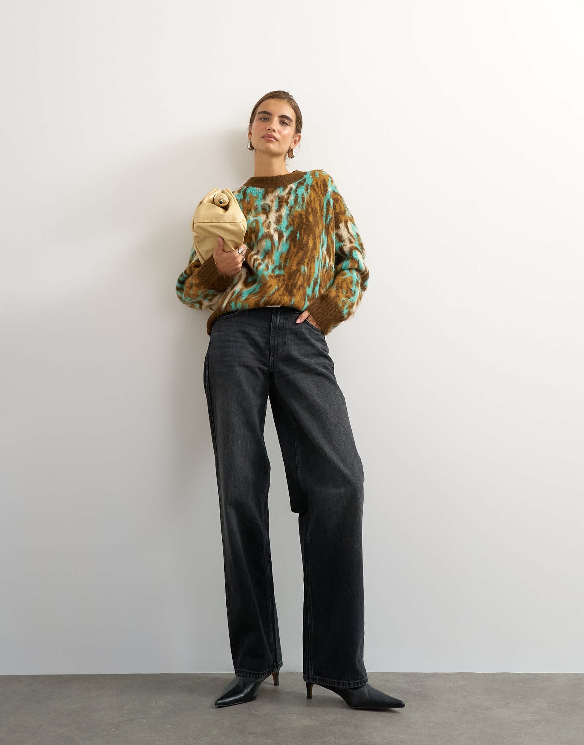 Topshop knitted fluffy relaxed fit brushed animal crew neck jumper in brown