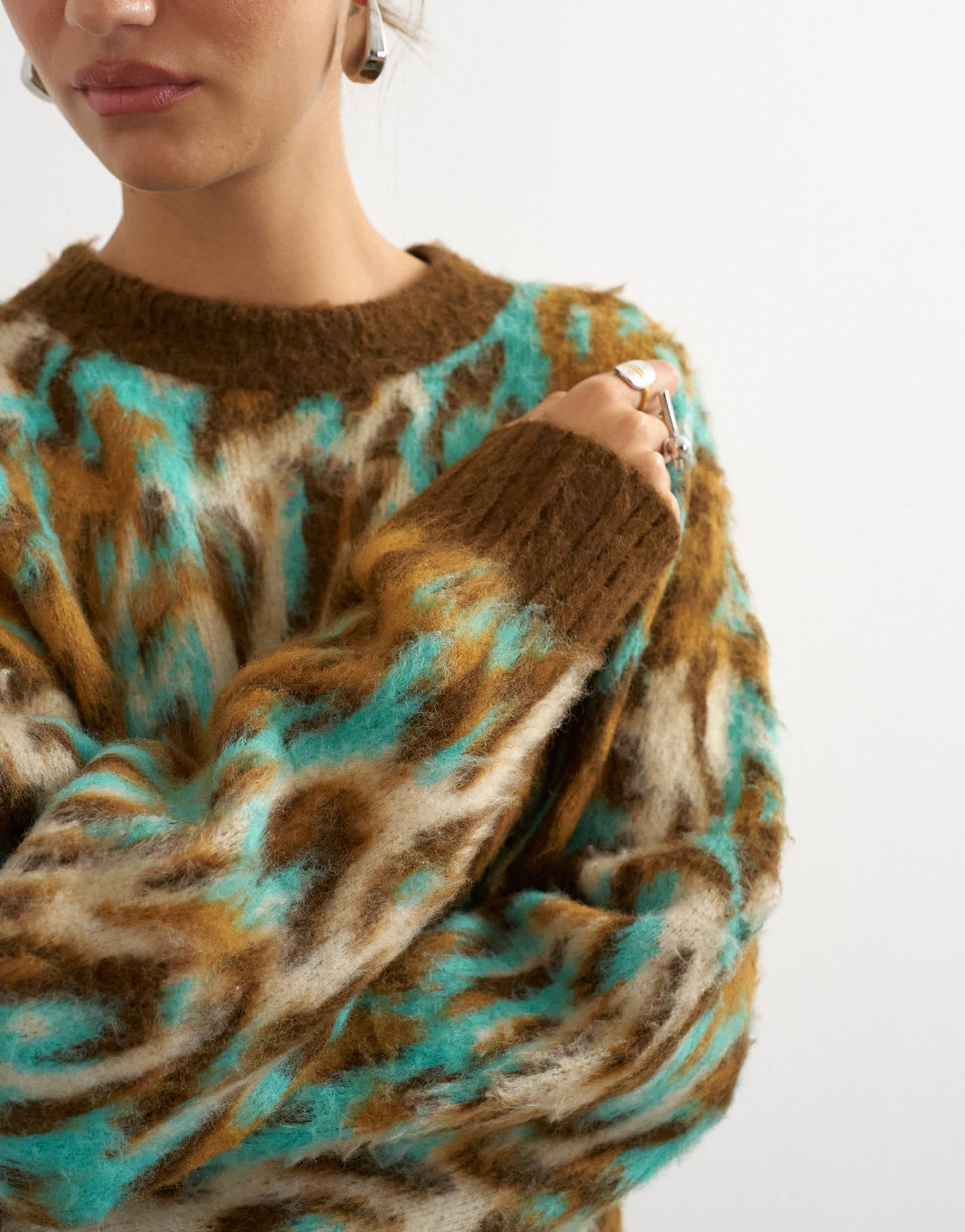 Topshop knitted fluffy relaxed fit brushed animal crew neck jumper in brown