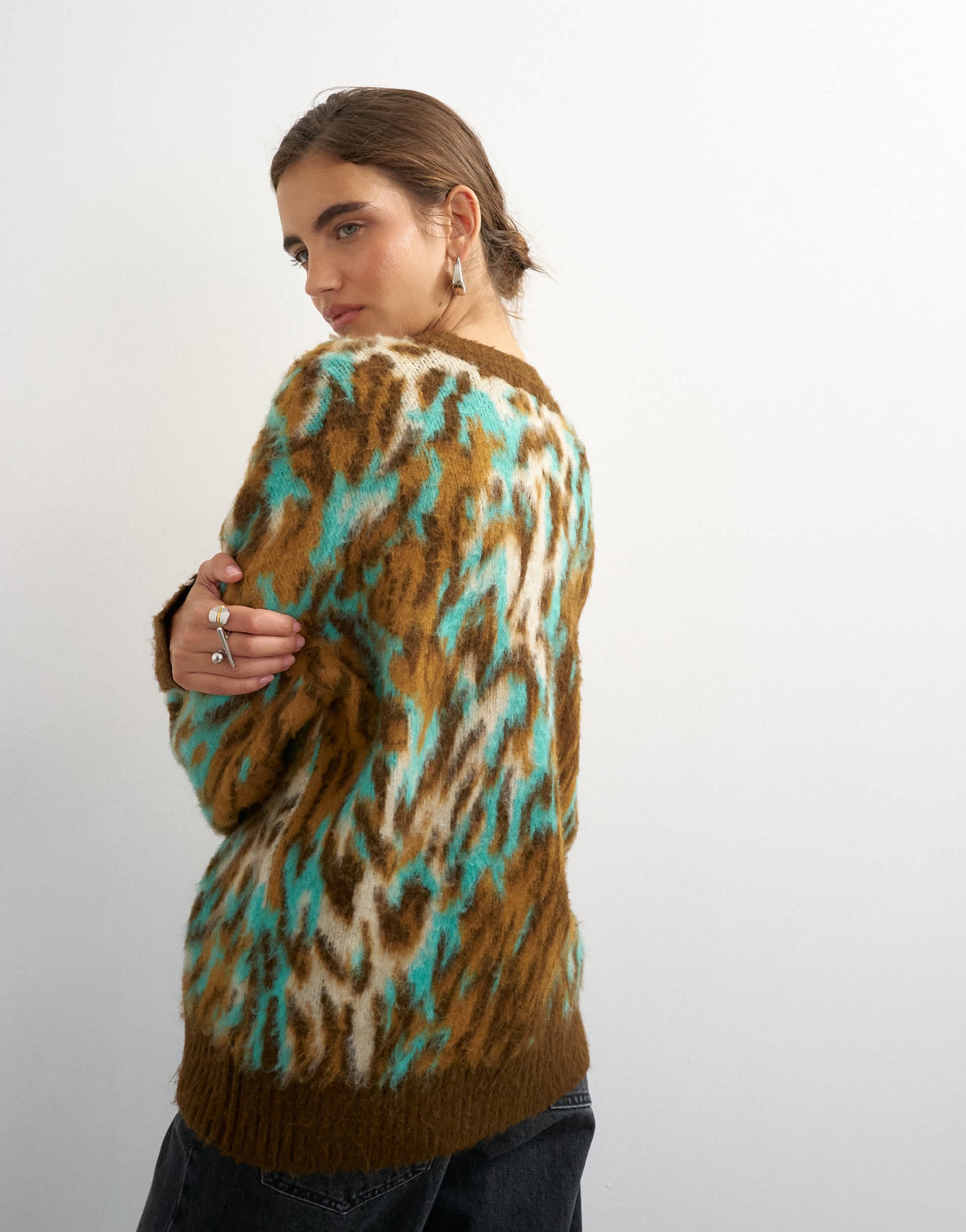 Topshop knitted fluffy relaxed fit brushed animal crew neck jumper in brown