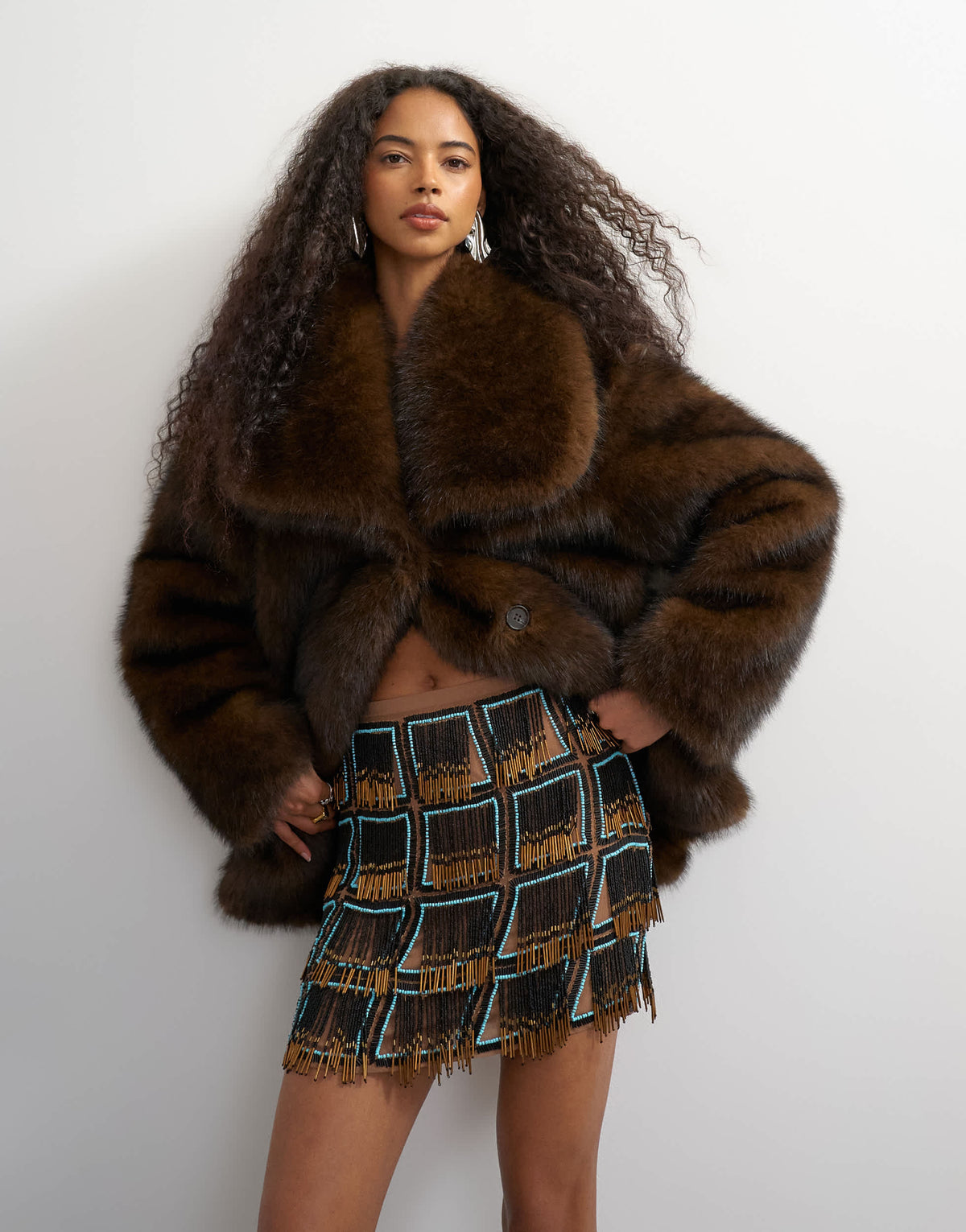 Topshop premium heavily embellished fringed mini skirt in blue and black