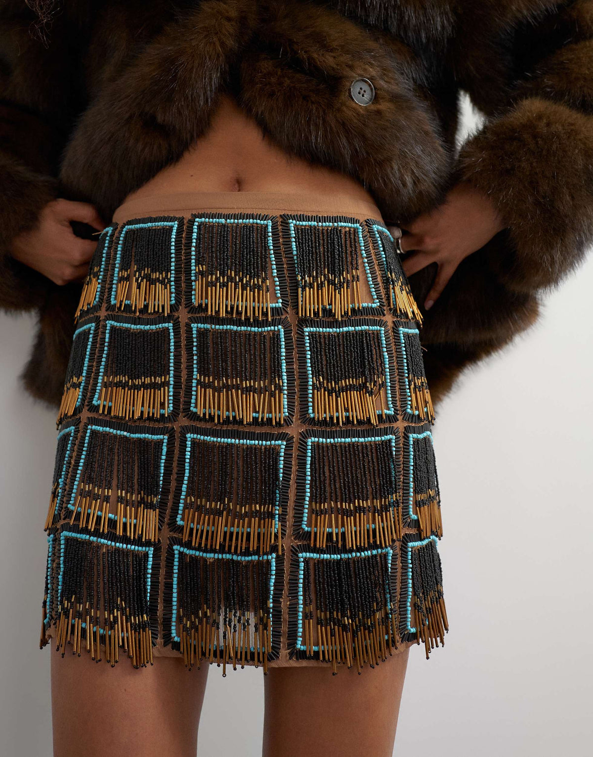 Topshop premium heavily embellished fringed mini skirt in blue and black