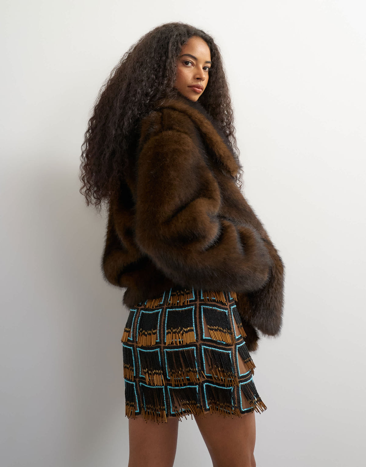 Topshop premium heavily embellished fringed mini skirt in blue and black
