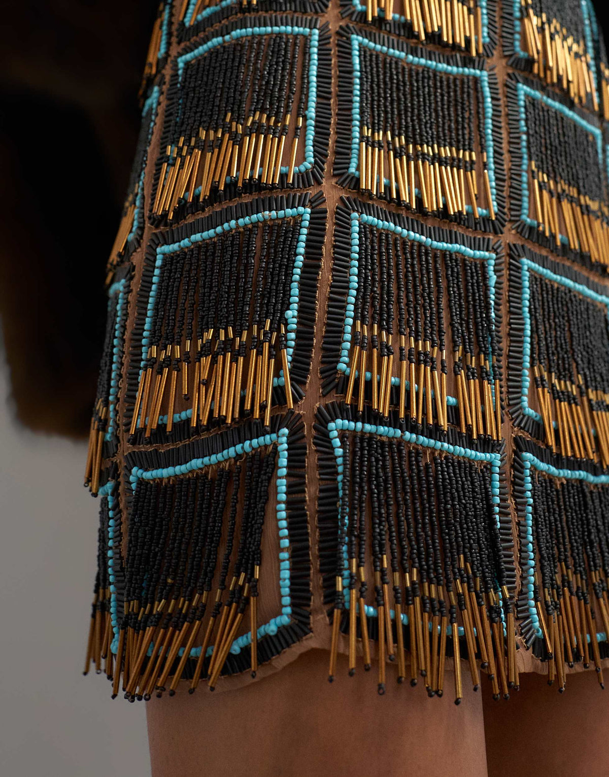 Topshop premium heavily embellished fringed mini skirt in blue and black