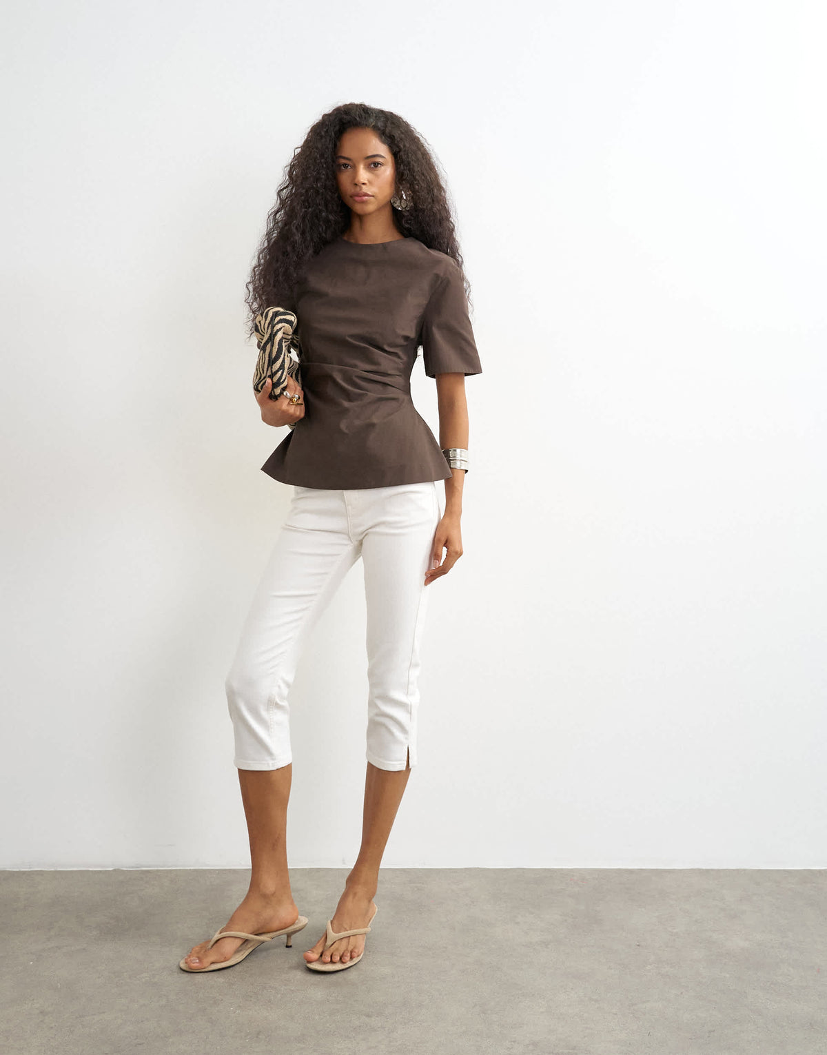 Topshop structured short sleeve ruched side top in chocolate
