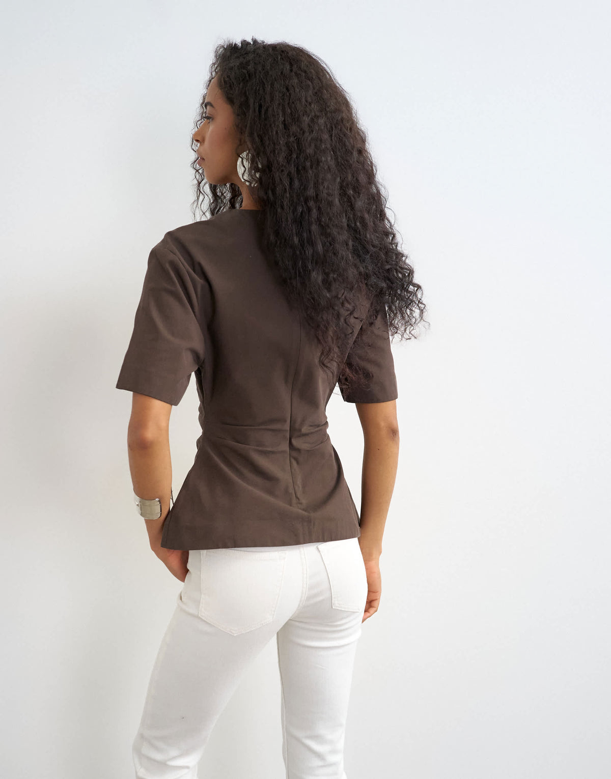 Topshop structured short sleeve ruched side top in chocolate