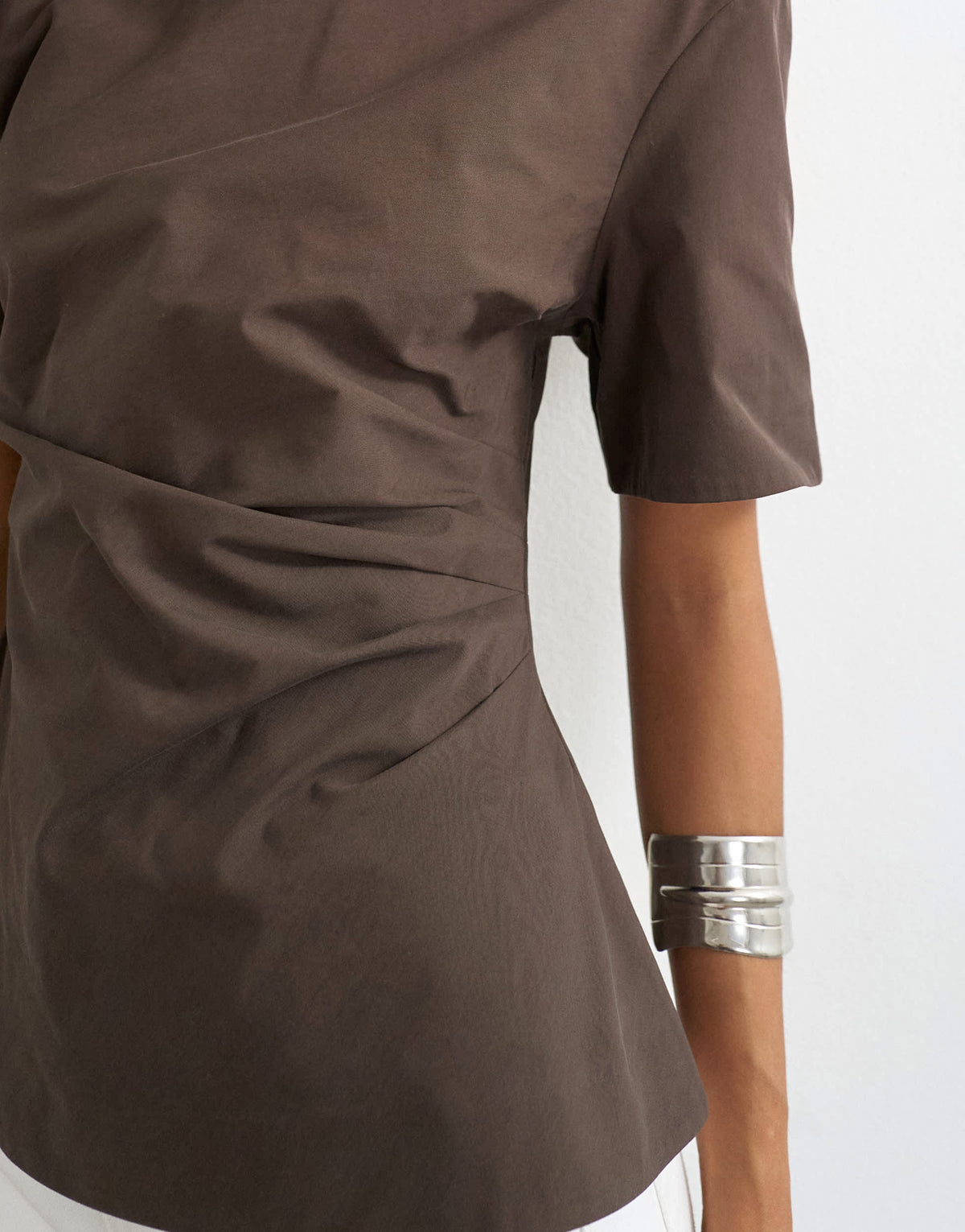 Topshop structured short sleeve ruched side top in chocolate