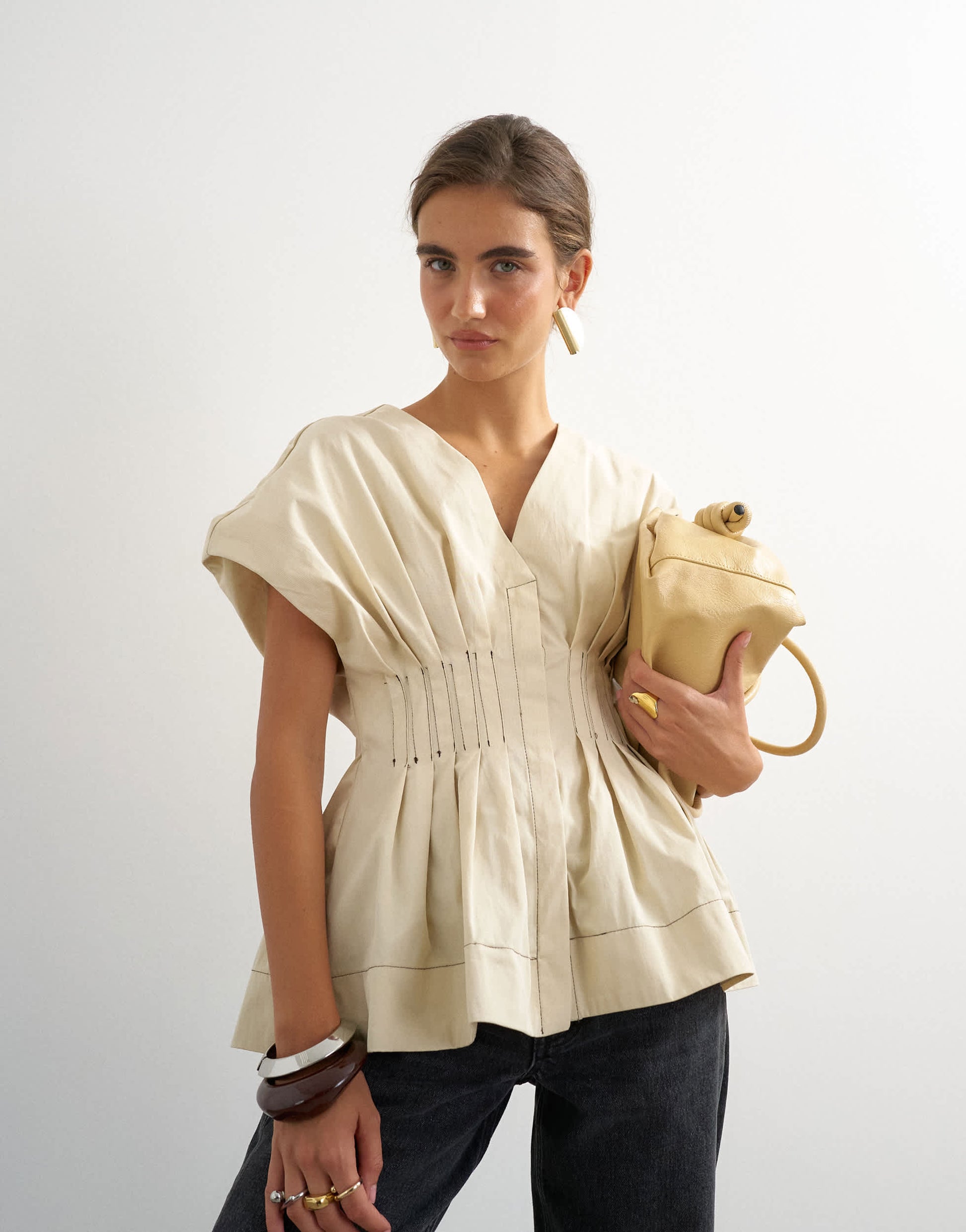 Topshop structured peplum top with pintucks in stone
