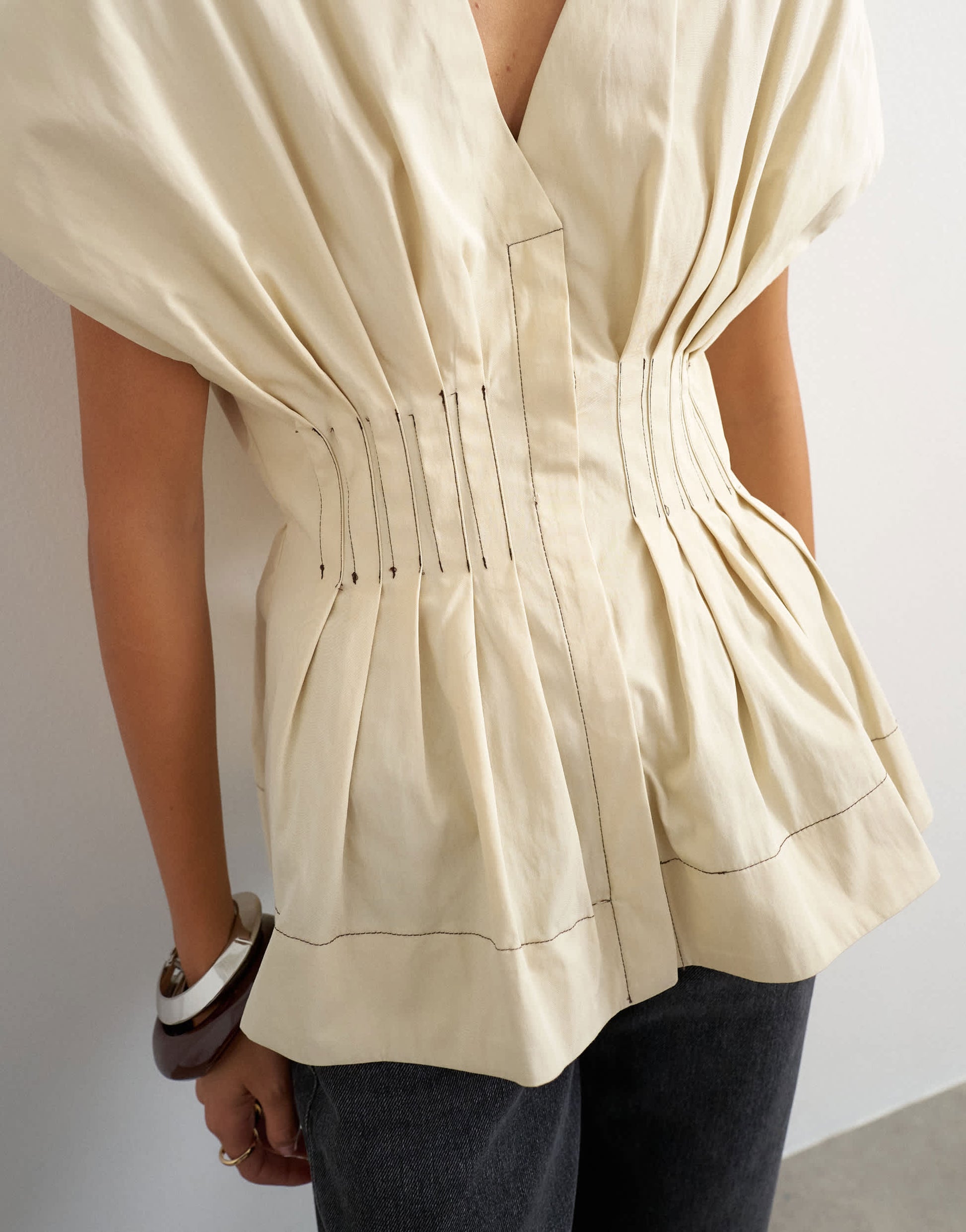 Topshop structured peplum top with pintucks in stone