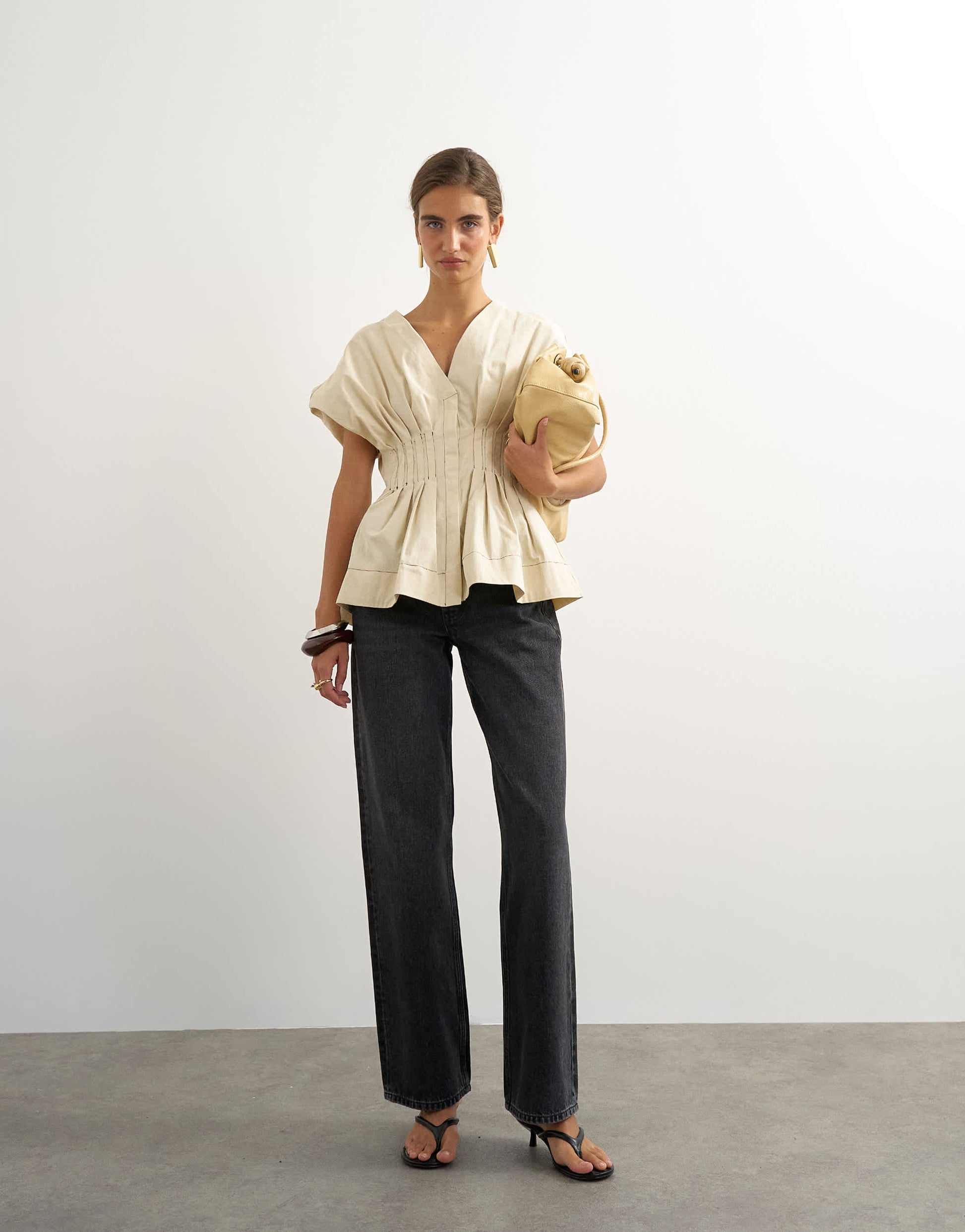 Topshop structured peplum top with pintucks in stone