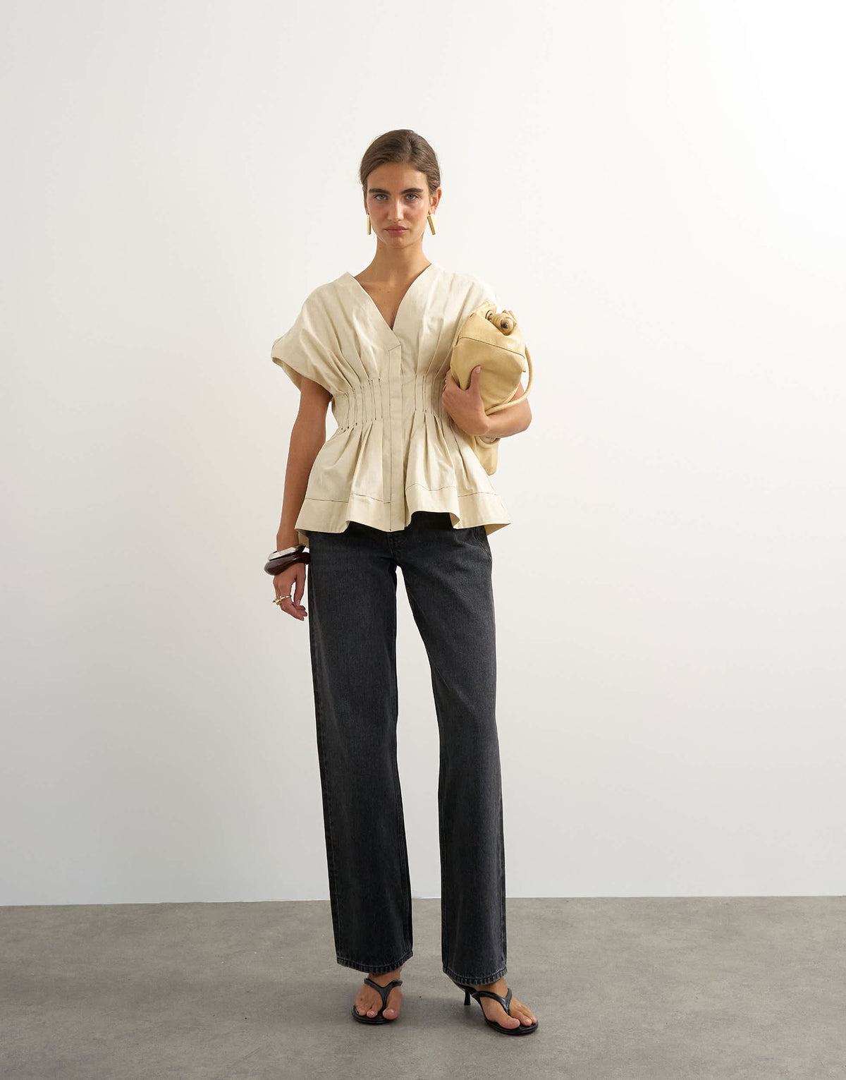 Topshop structured peplum top with pintucks in stone