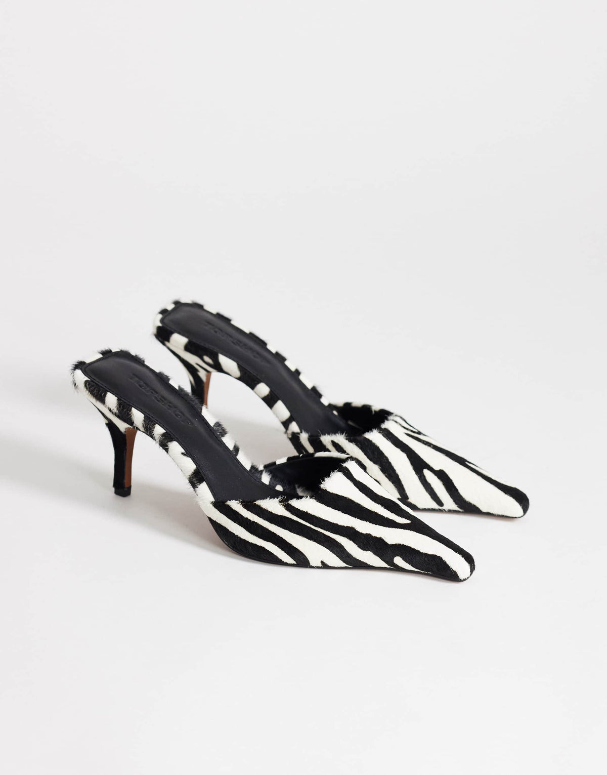 Topshop Alfie pointed mid heeled court in zebra print hair on real leather