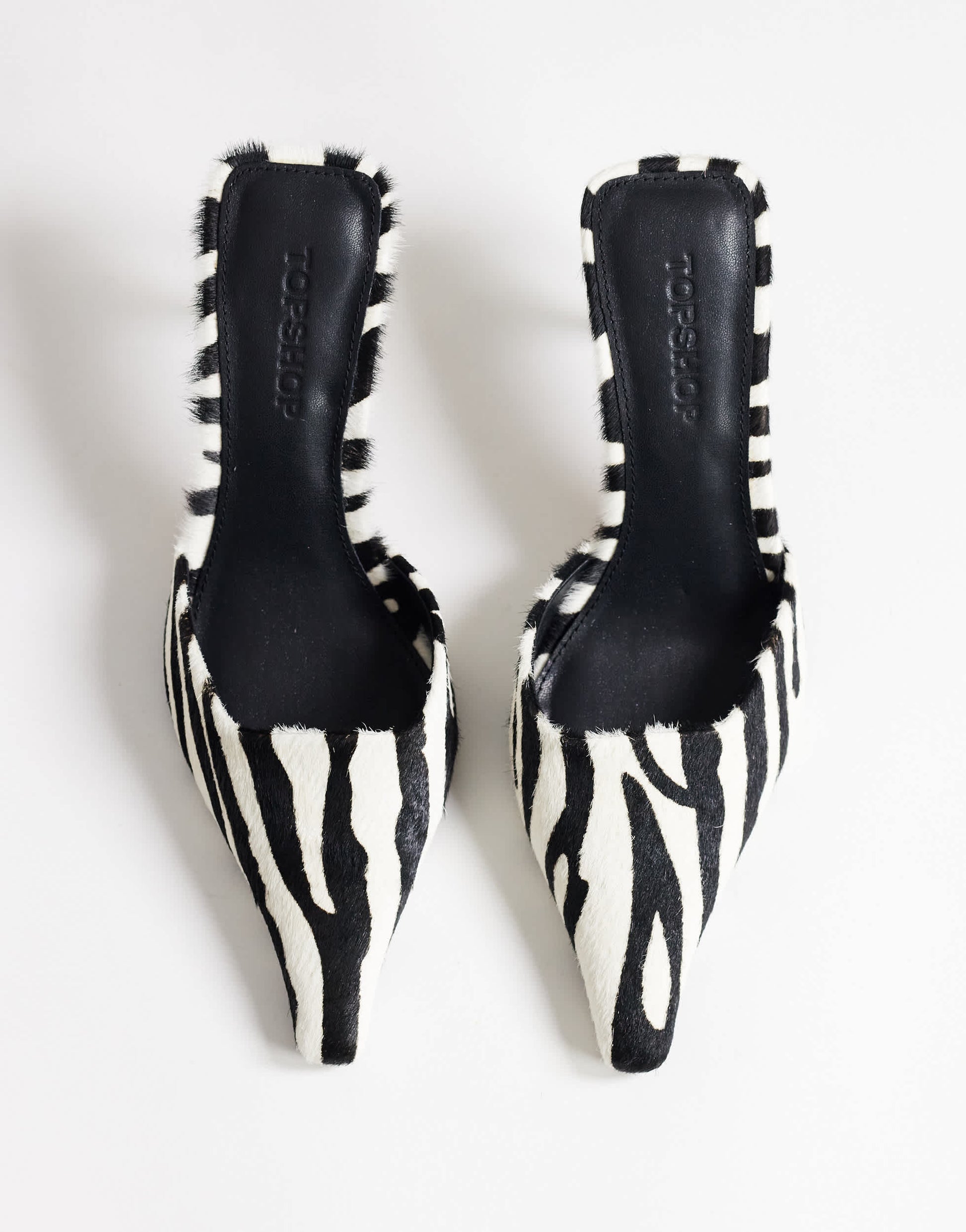 Topshop Alfie pointed mid heeled court in zebra print hair on real leather