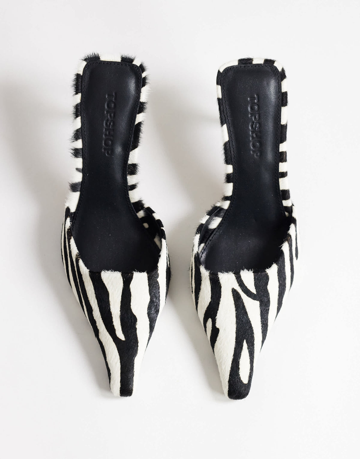 Topshop Alfie pointed mid heeled court in zebra print hair on real leather