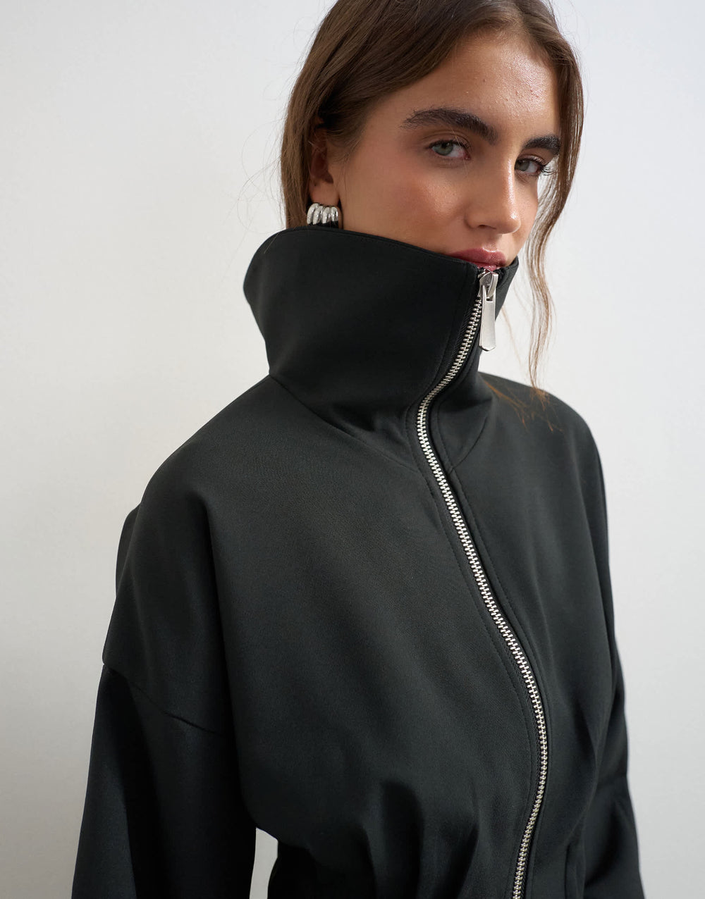 Topshop co ord funnel neck cinched waist track jacket in black