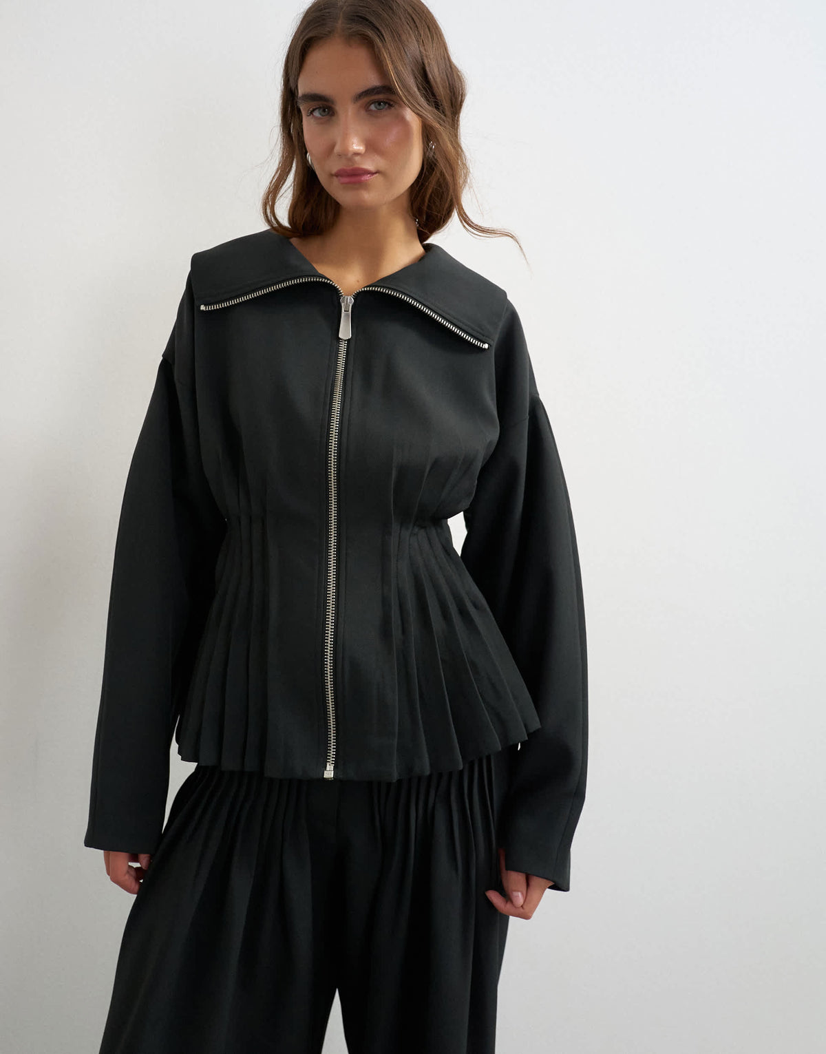 Topshop co ord funnel neck cinched waist track jacket in black