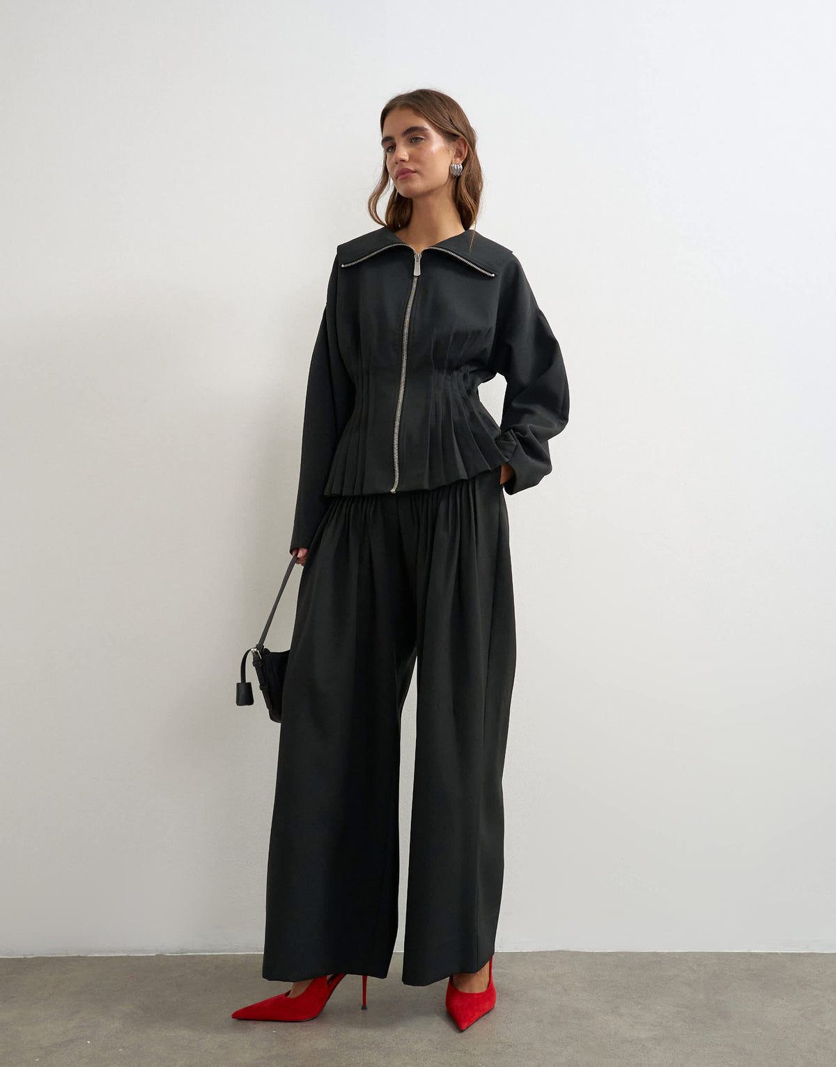 Topshop co ord funnel neck cinched waist track jacket in black