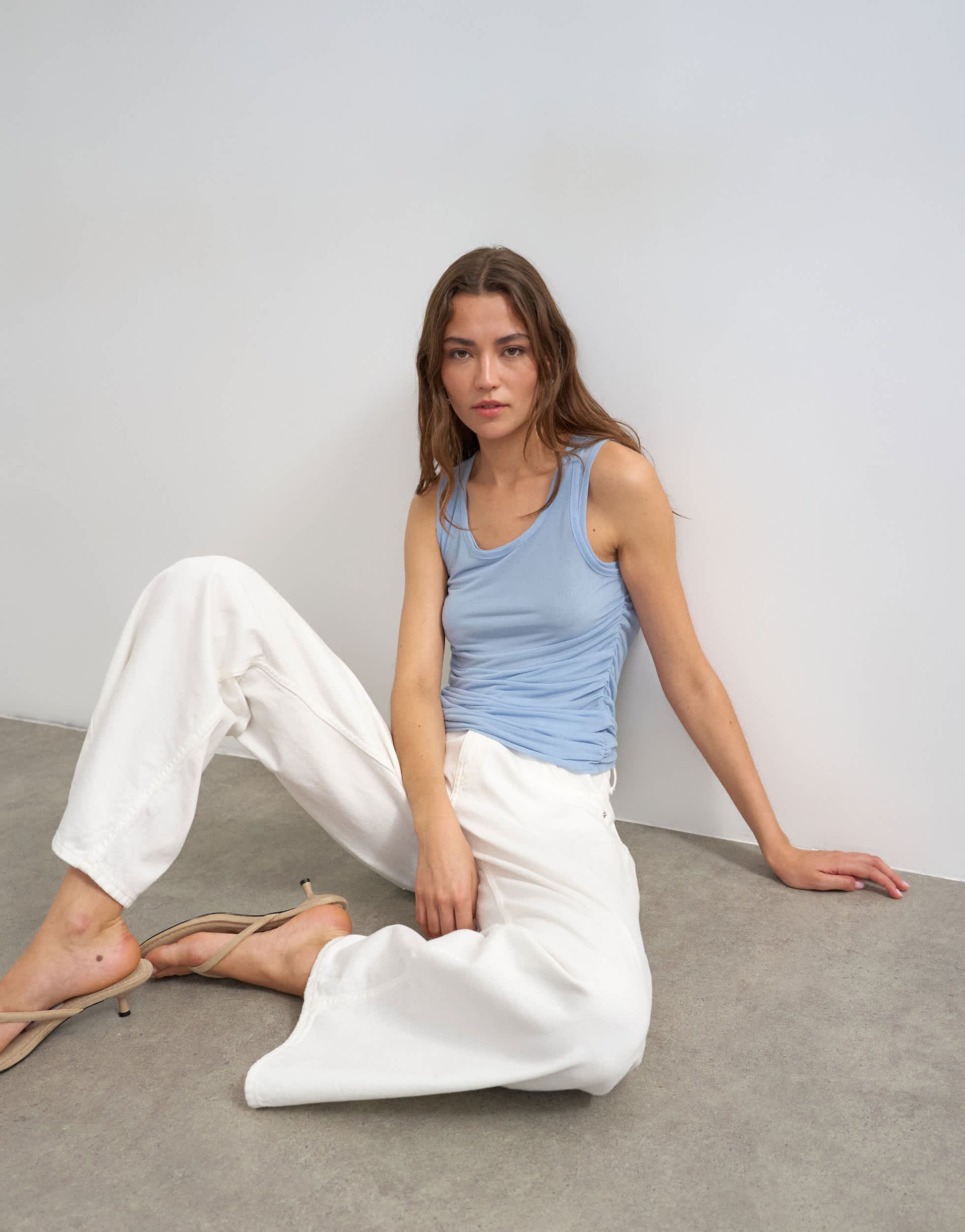 Topshop mesh double layer ruched top in dusty blue