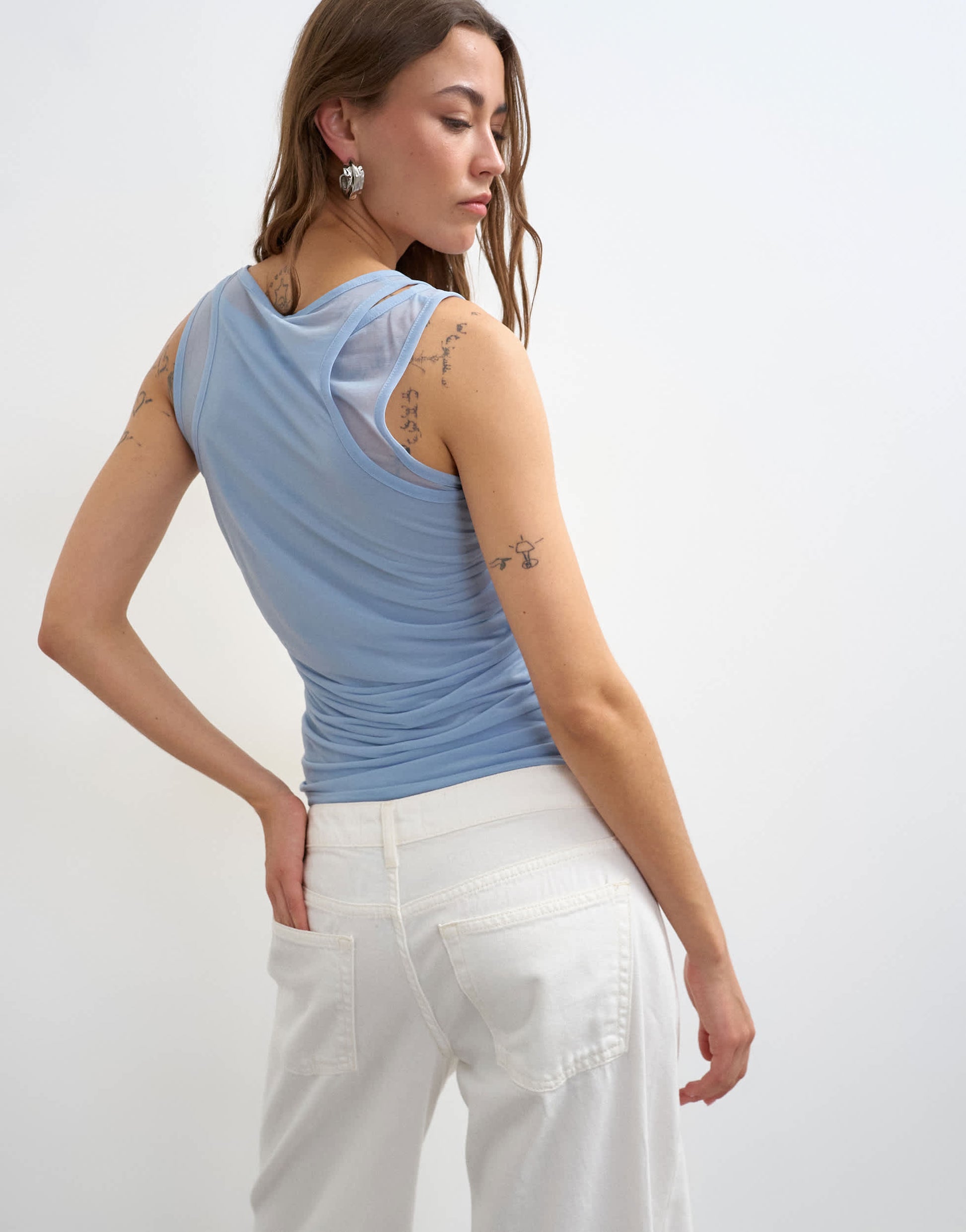 Topshop mesh double layer ruched top in dusty blue
