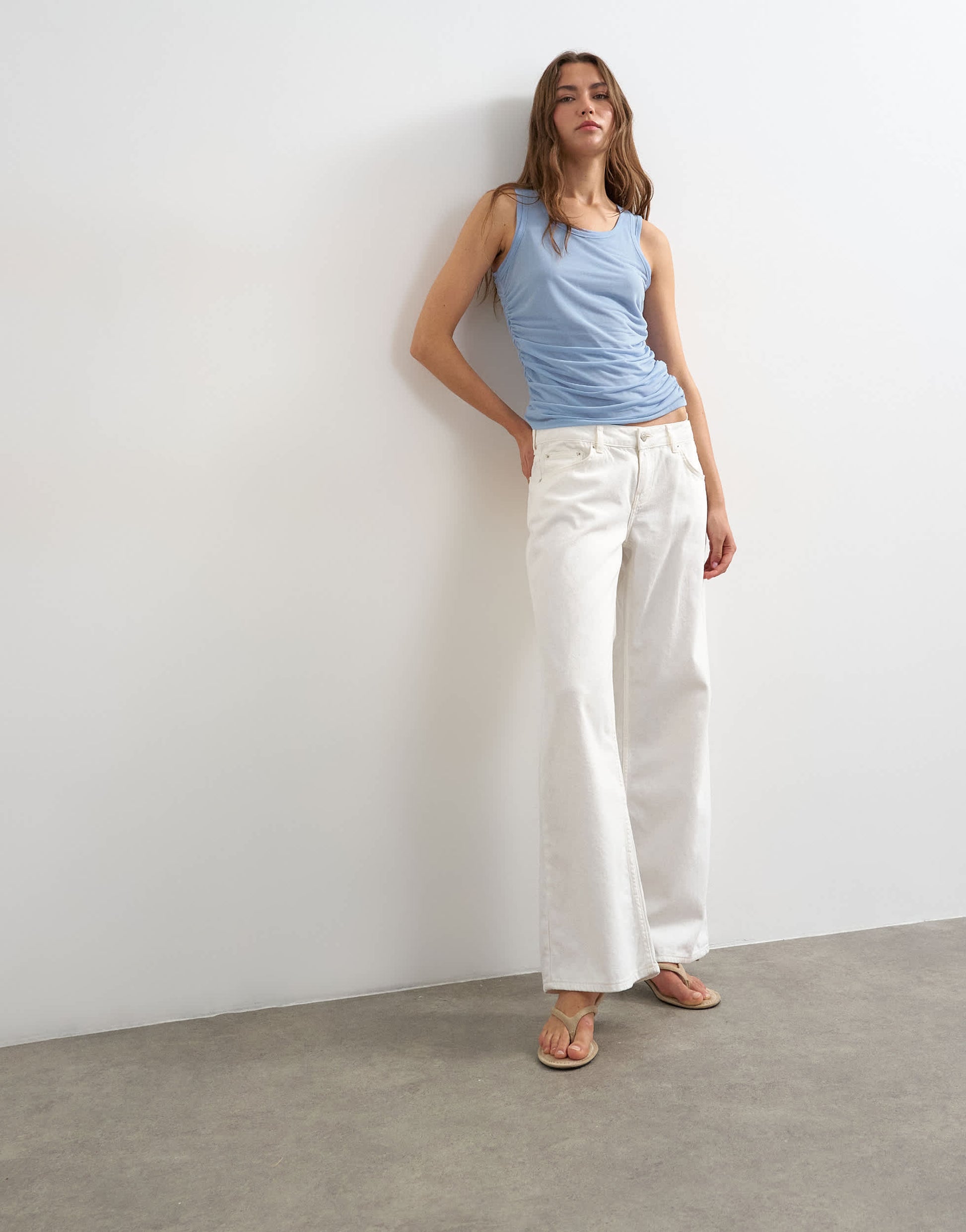 Topshop mesh double layer ruched top in dusty blue