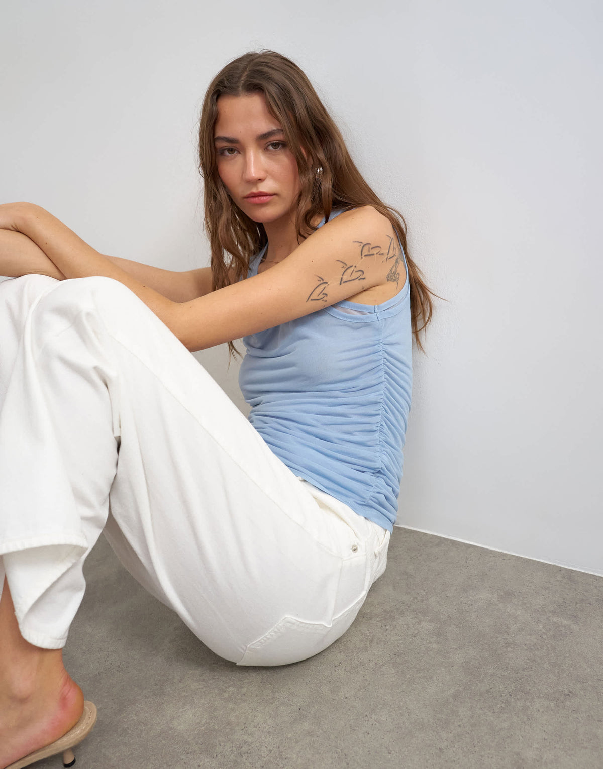 Topshop mesh double layer ruched top in dusty blue