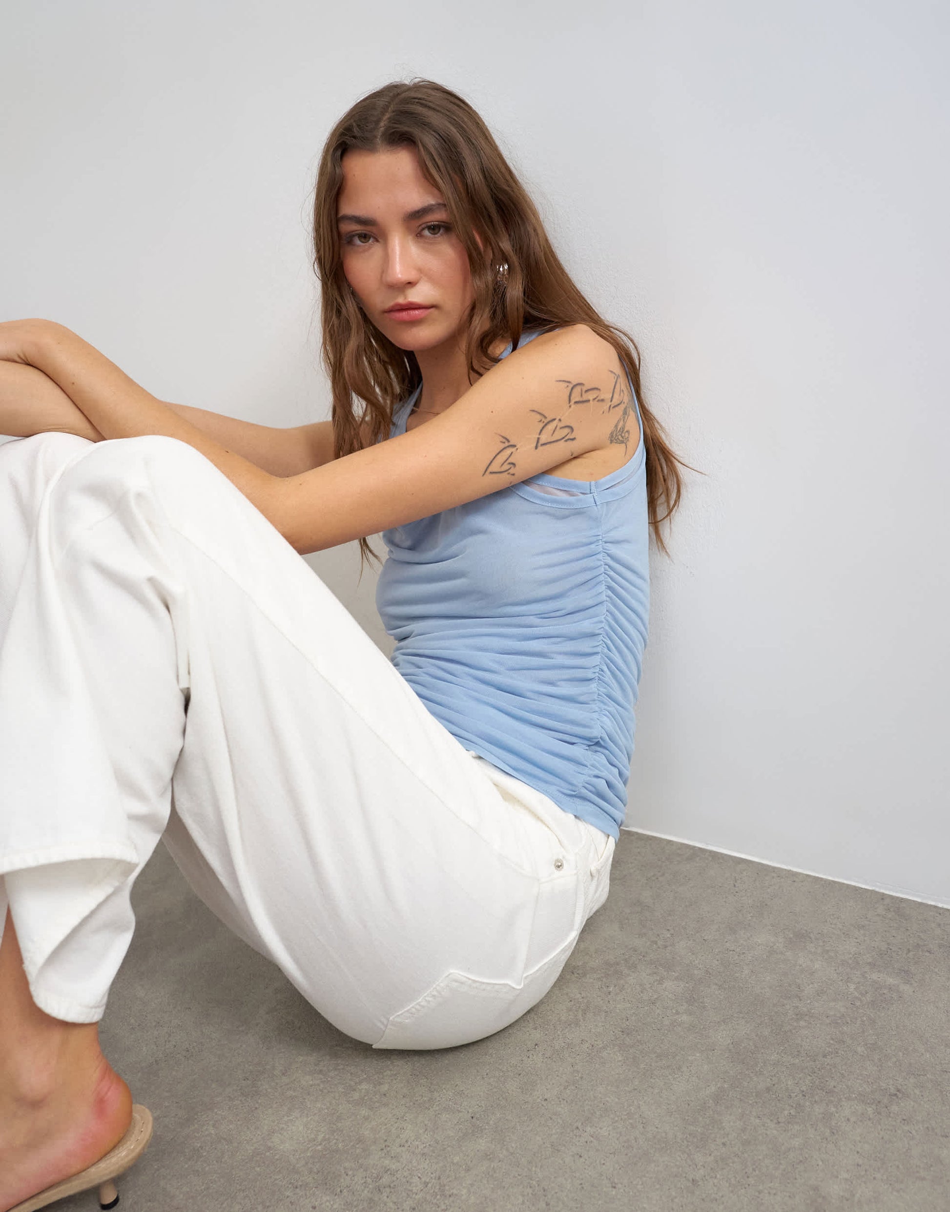 Topshop mesh double layer ruched top in dusty blue
