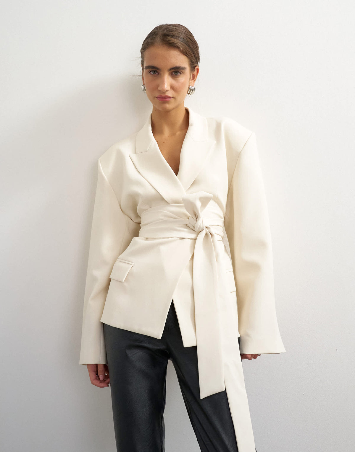 Topshop belted blazer in ivory