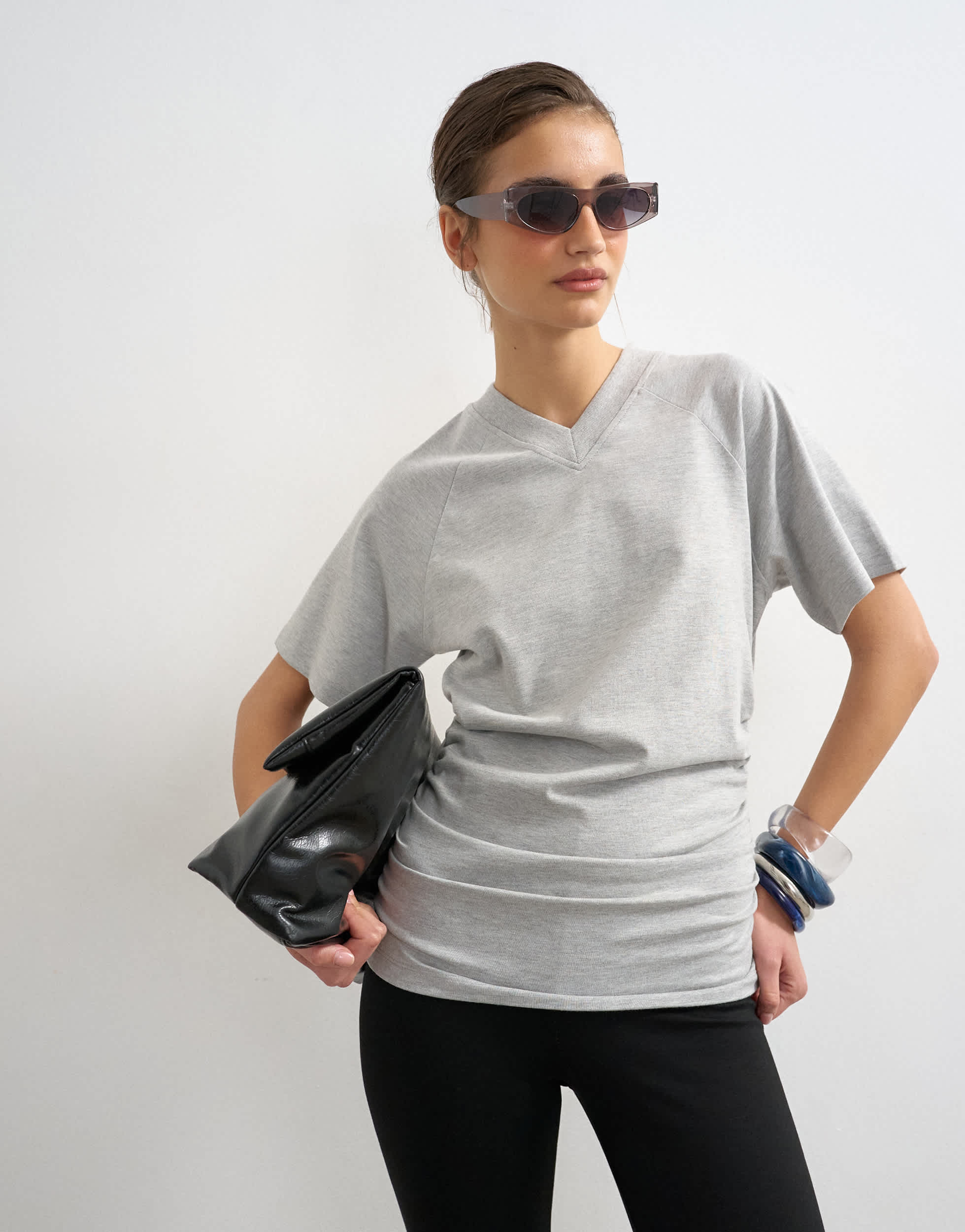Topshop micro v-neck ruched side tee in grey marl
