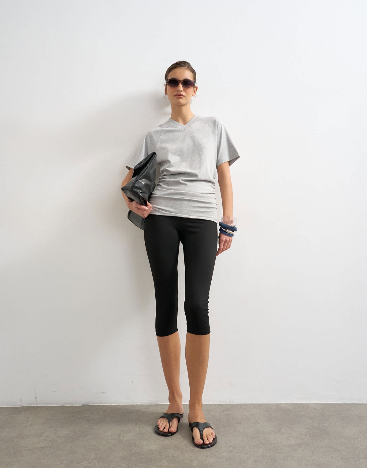 Topshop micro v-neck ruched side tee in grey marl