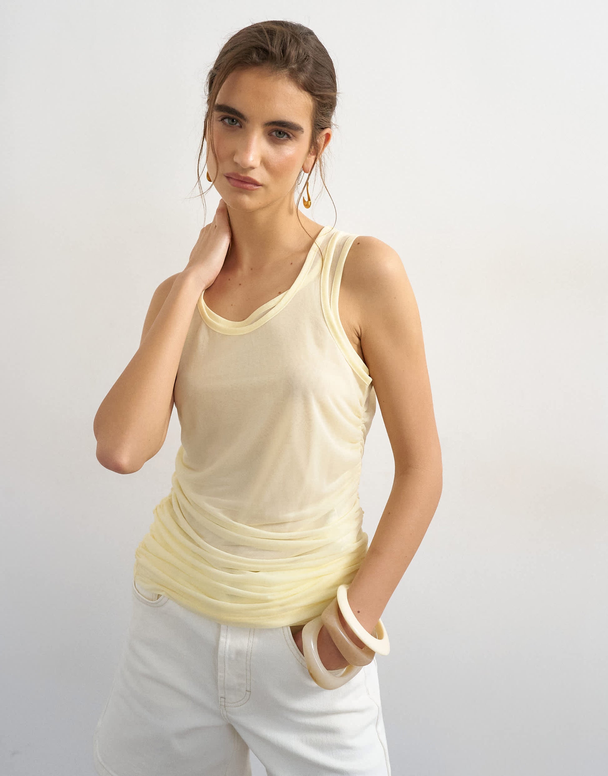 Topshop mesh double layer ruched top in buttermilk