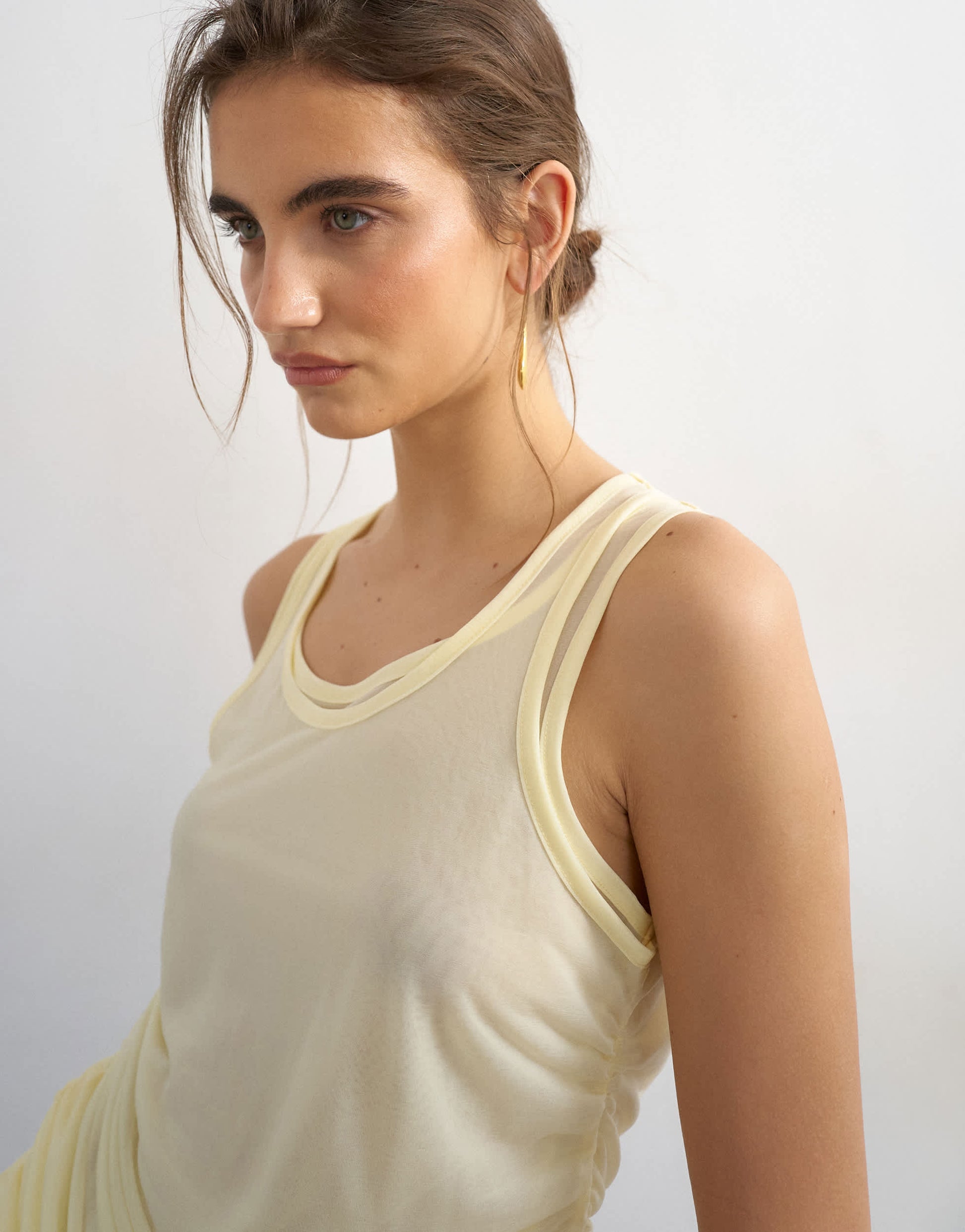 Topshop mesh double layer ruched top in buttermilk