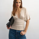 Topshop v-neck tie detail top in oat