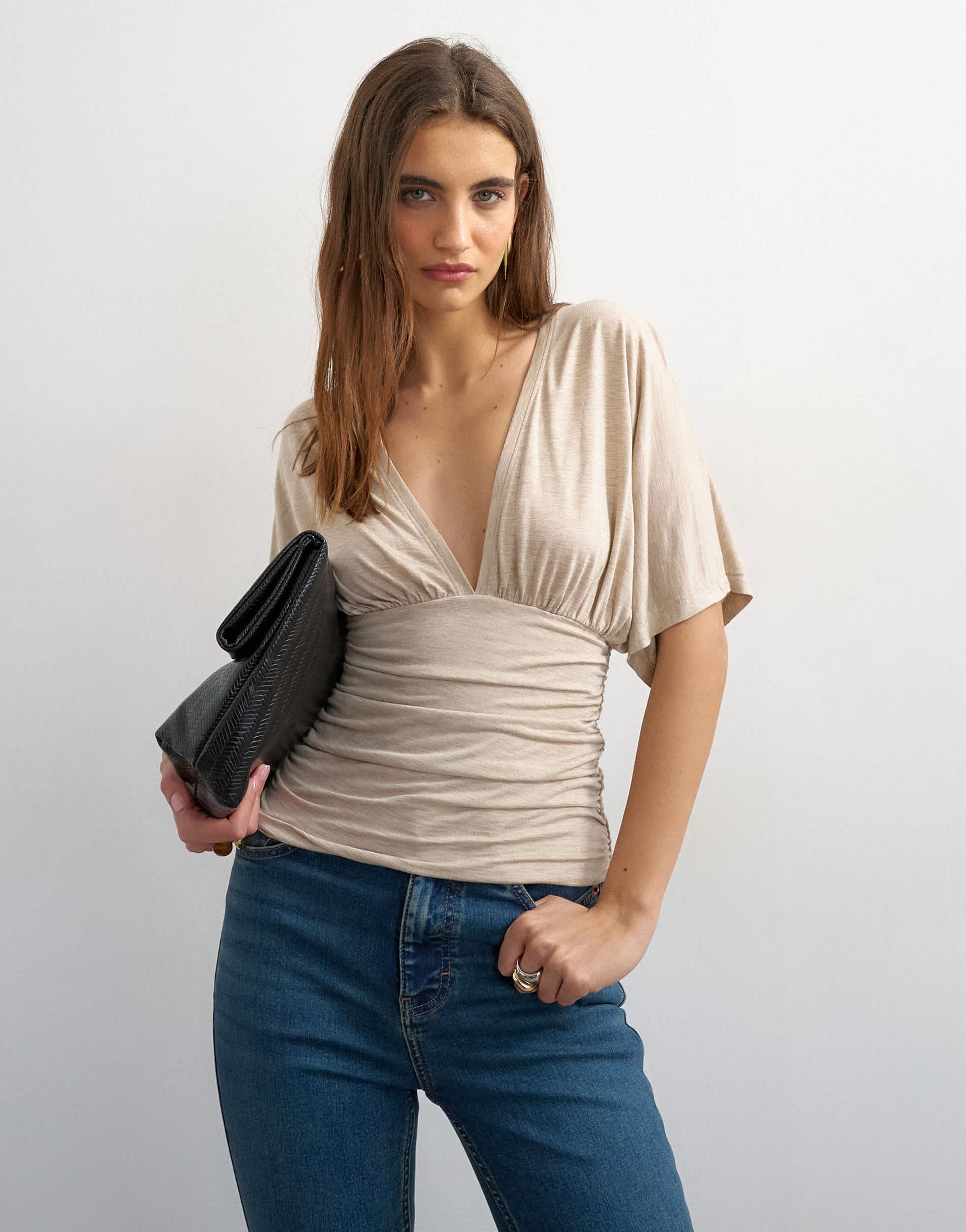 Topshop v-neck tie detail top in oat
