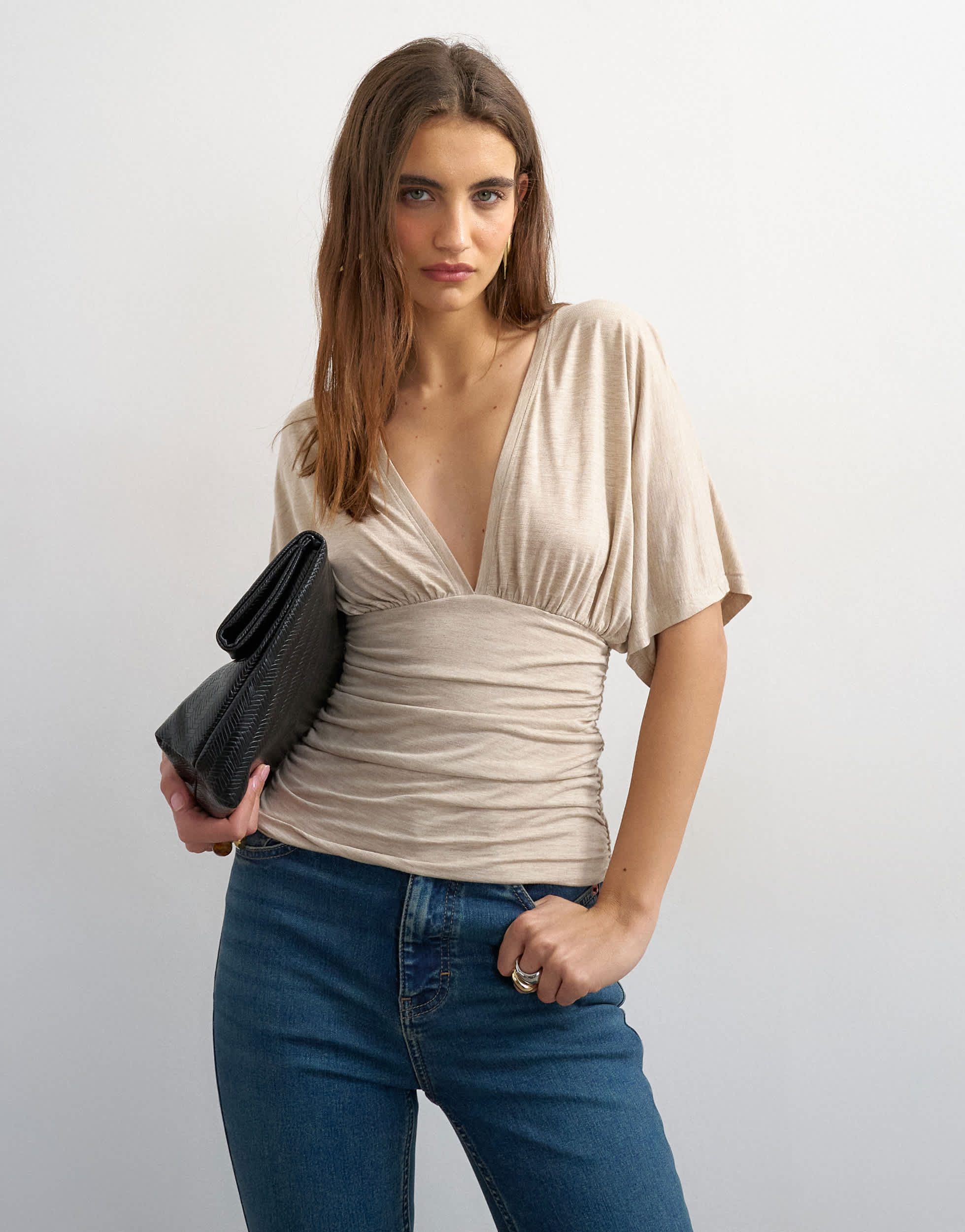Topshop v-neck tie detail top in oat