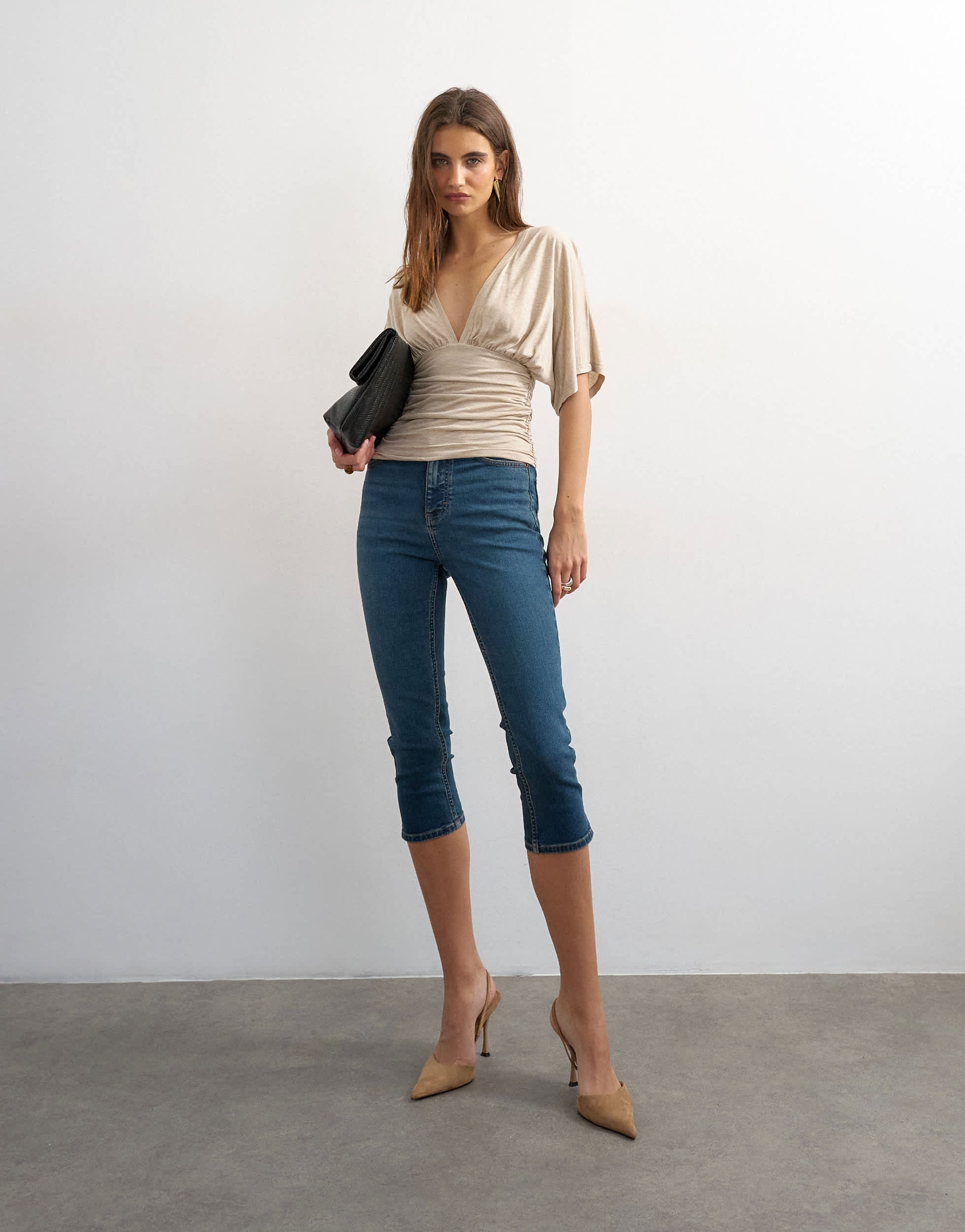 Topshop v-neck tie detail top in oat