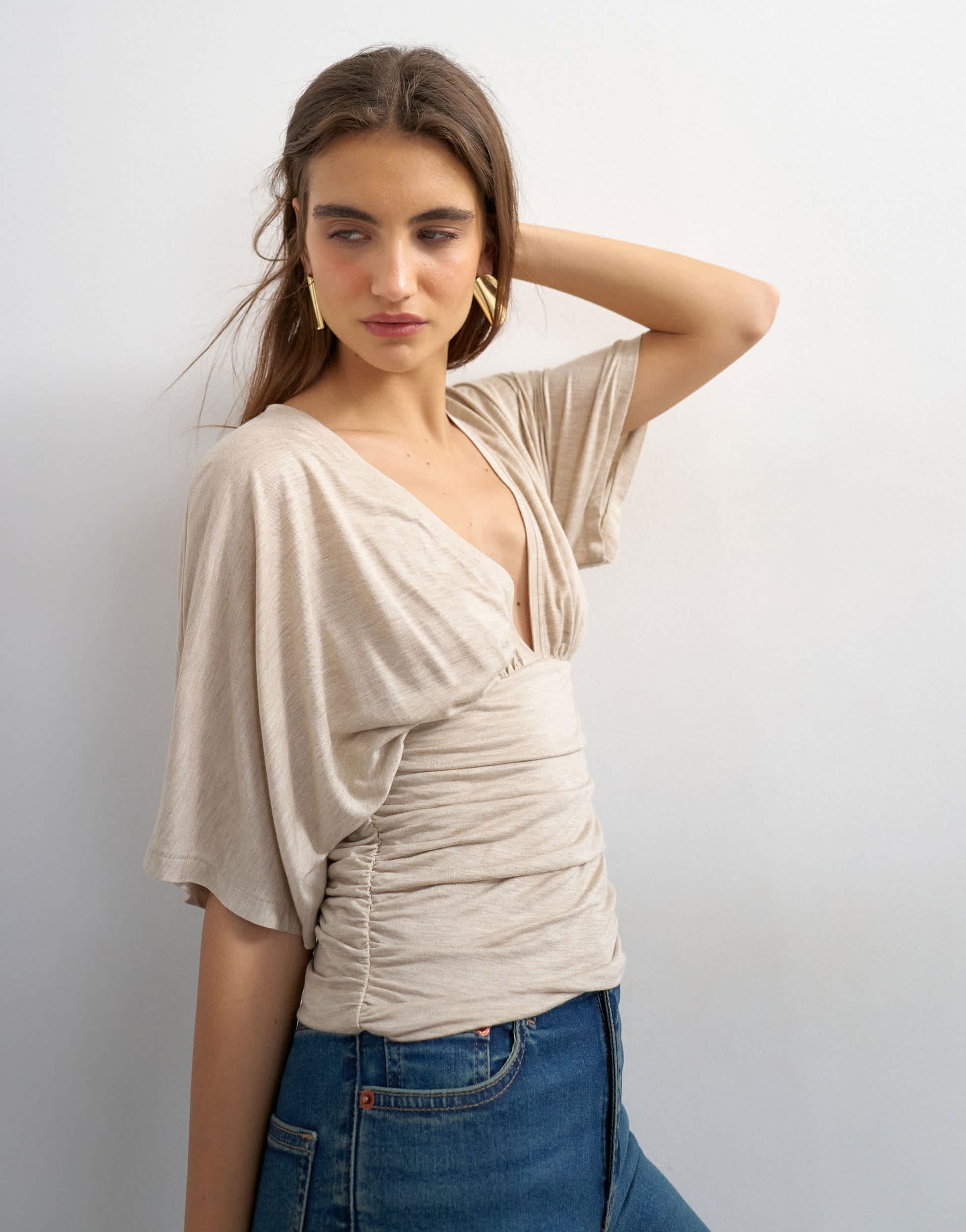 Topshop v-neck tie detail top in oat