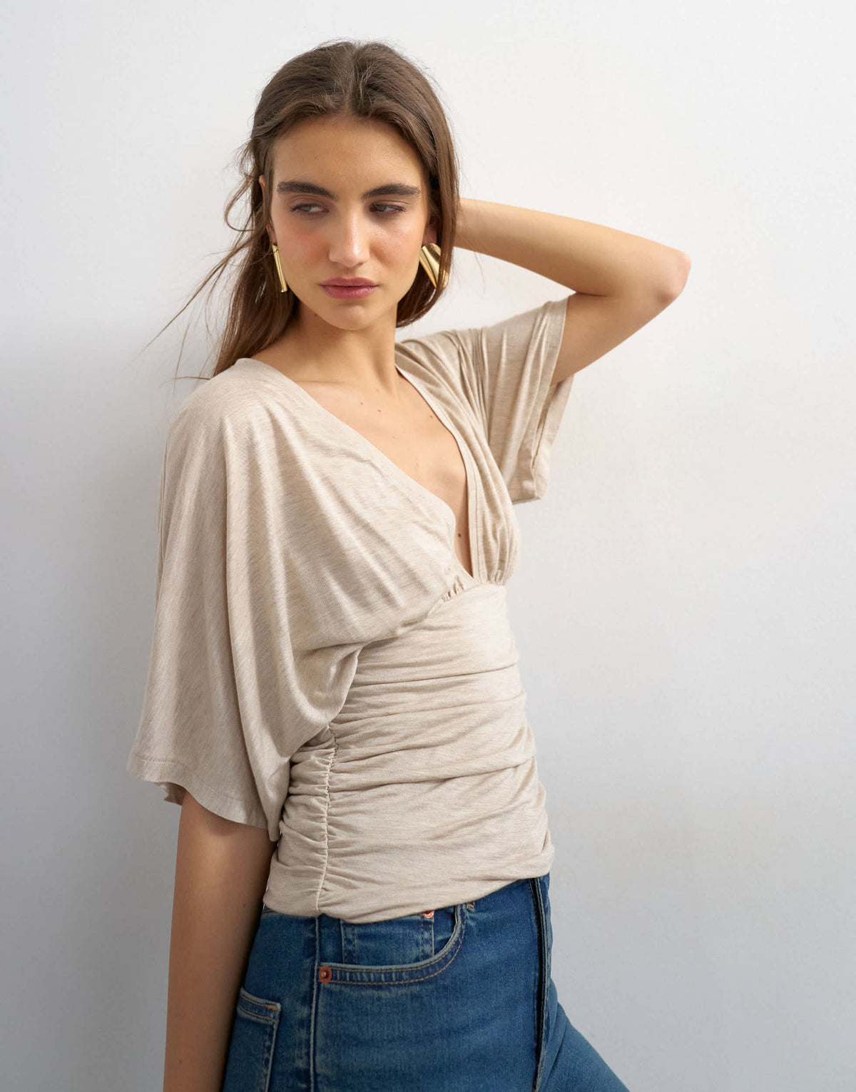 Topshop v-neck tie detail top in oat