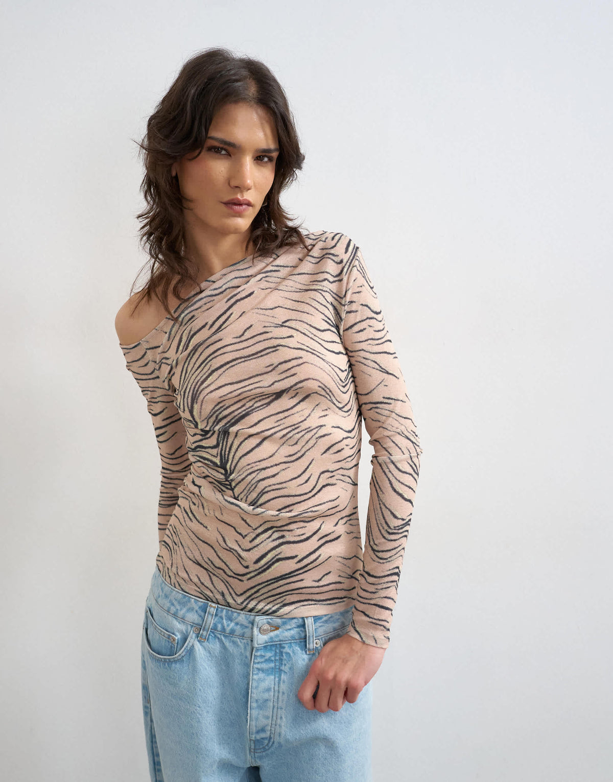 Topshop mesh fallen shoulder long sleeve top in animal print