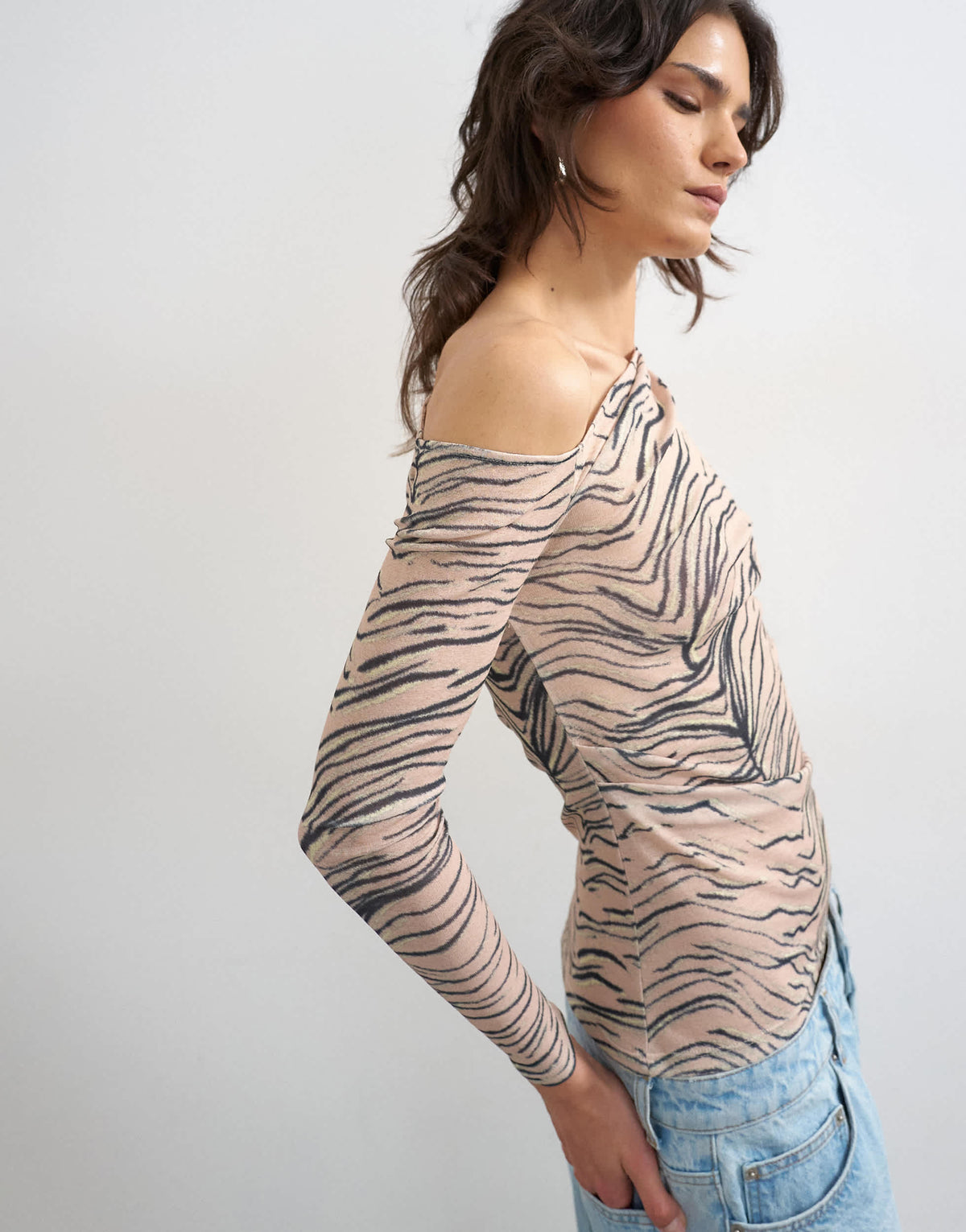 Topshop mesh fallen shoulder long sleeve top in animal print